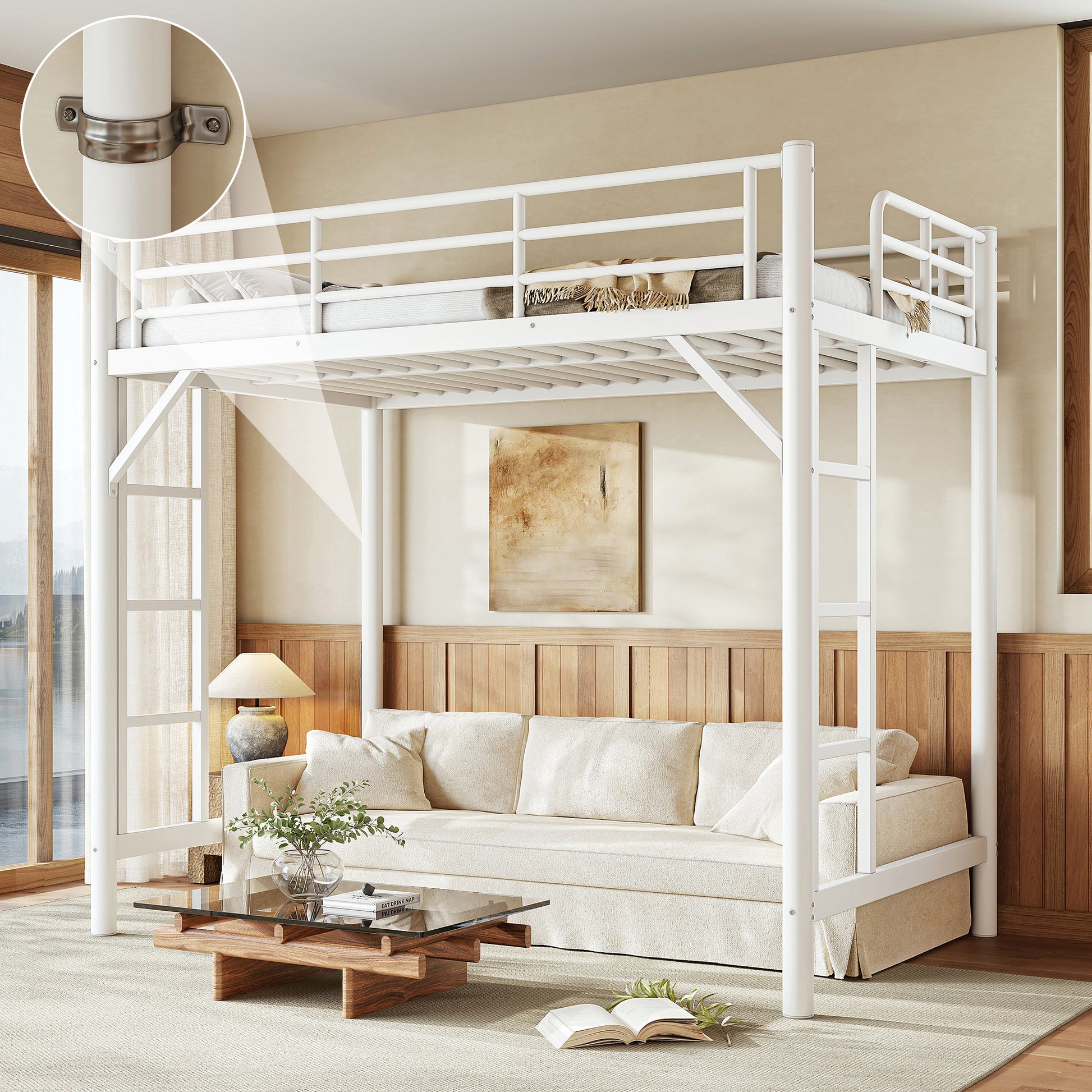variant-group:rf-w1580p455012|Roomfitters Twin Size Metal Loft Bed Frame with Guardrails, Heavy Duty Space Saving High Loft Bed Dual Ladders, White