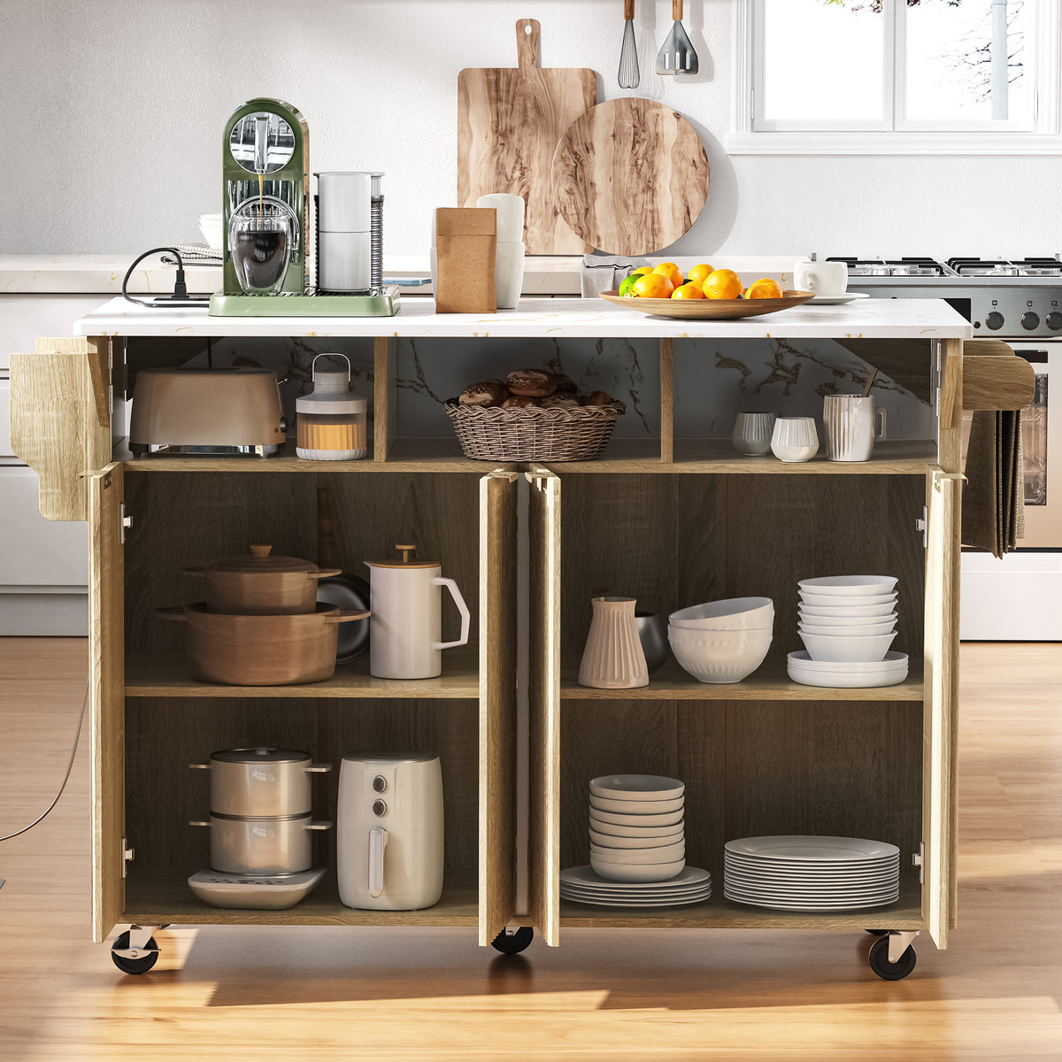 variant-group:rf-n707p353934y|Roomfitters 55.5" Fluted Kitchen Island with Double Drop Leaf, Natural Storage Cart with Power Outlet & Faux Marble Top