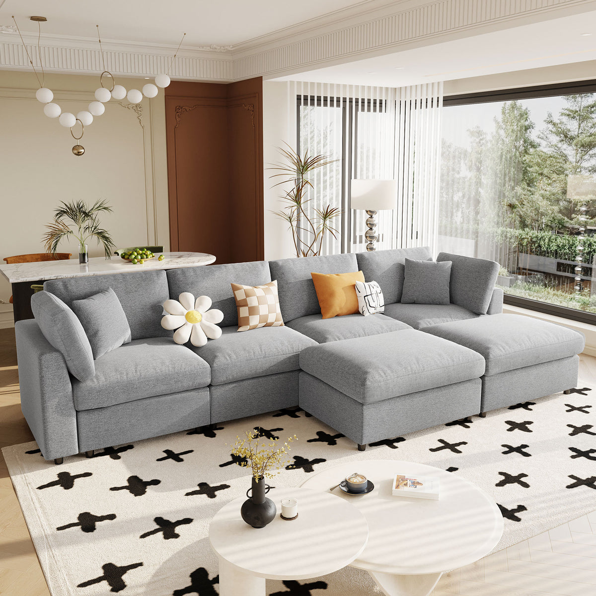 variant-group:rf-n711wy000474aae|Roomfitters 128.2-Inch Customizable U-Shaped Sectional Sofa, 6-Seater Chenille Couch, 2 Movable Ottomans, Pit Lounge, Grey