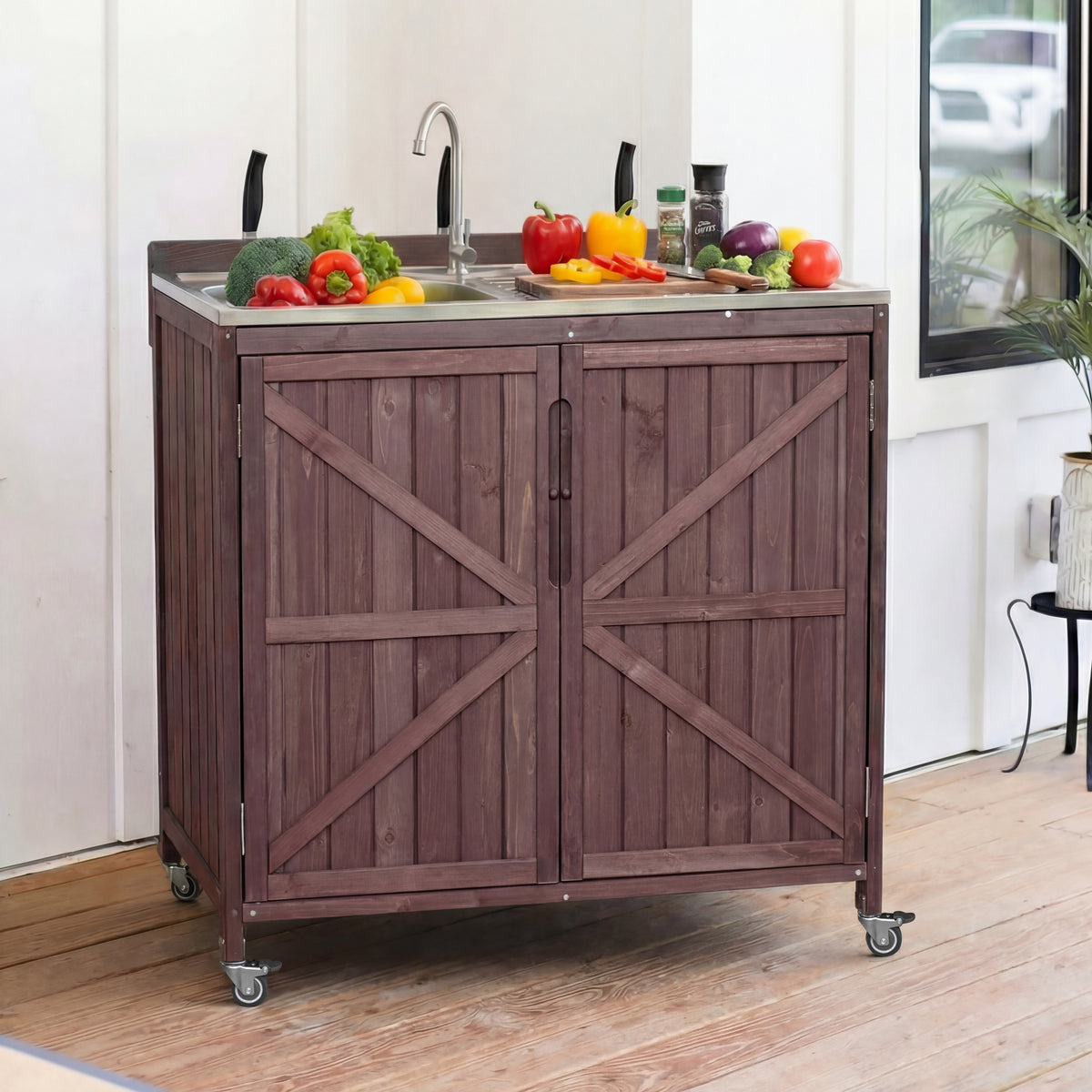 variant-group:rf-n707p370281z|Roomfitters 39.4" Outdoor Grill Cart with Stainless Steel Top, Prep Station with Sink and Storage Cabinet, Dark Brown
