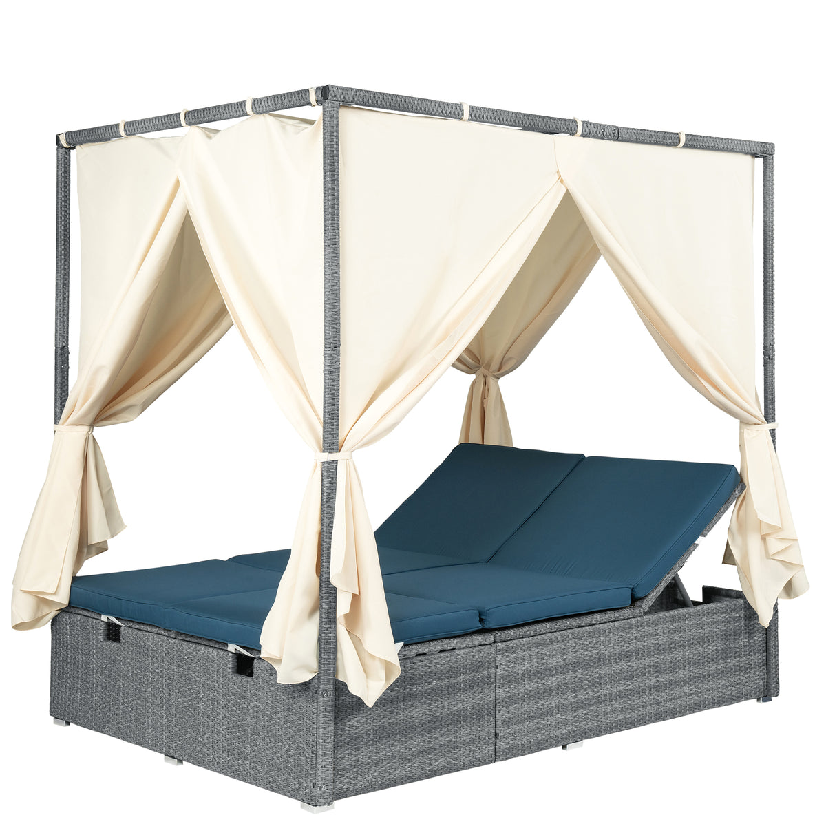 variant-group:rf-n711wy000471aac|Roomfitters Modern Tropical Dark Blue PE Rattan Outdoor Double Sun Lounger, Patio Daybed, Adjustable Recline, Canopy