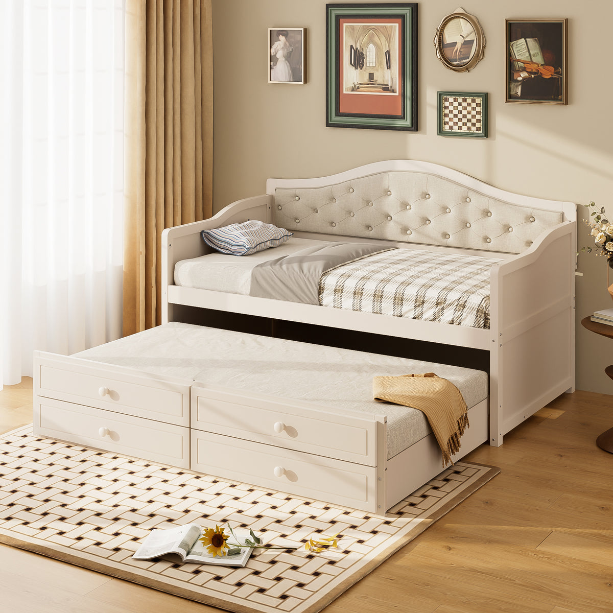 variant-group:rf-n733s346767a|Roomfitters Twin Daybed with Trundle, Wooden Sofa Bed with 2 Storage Drawers & Tufted Backrest, Beige