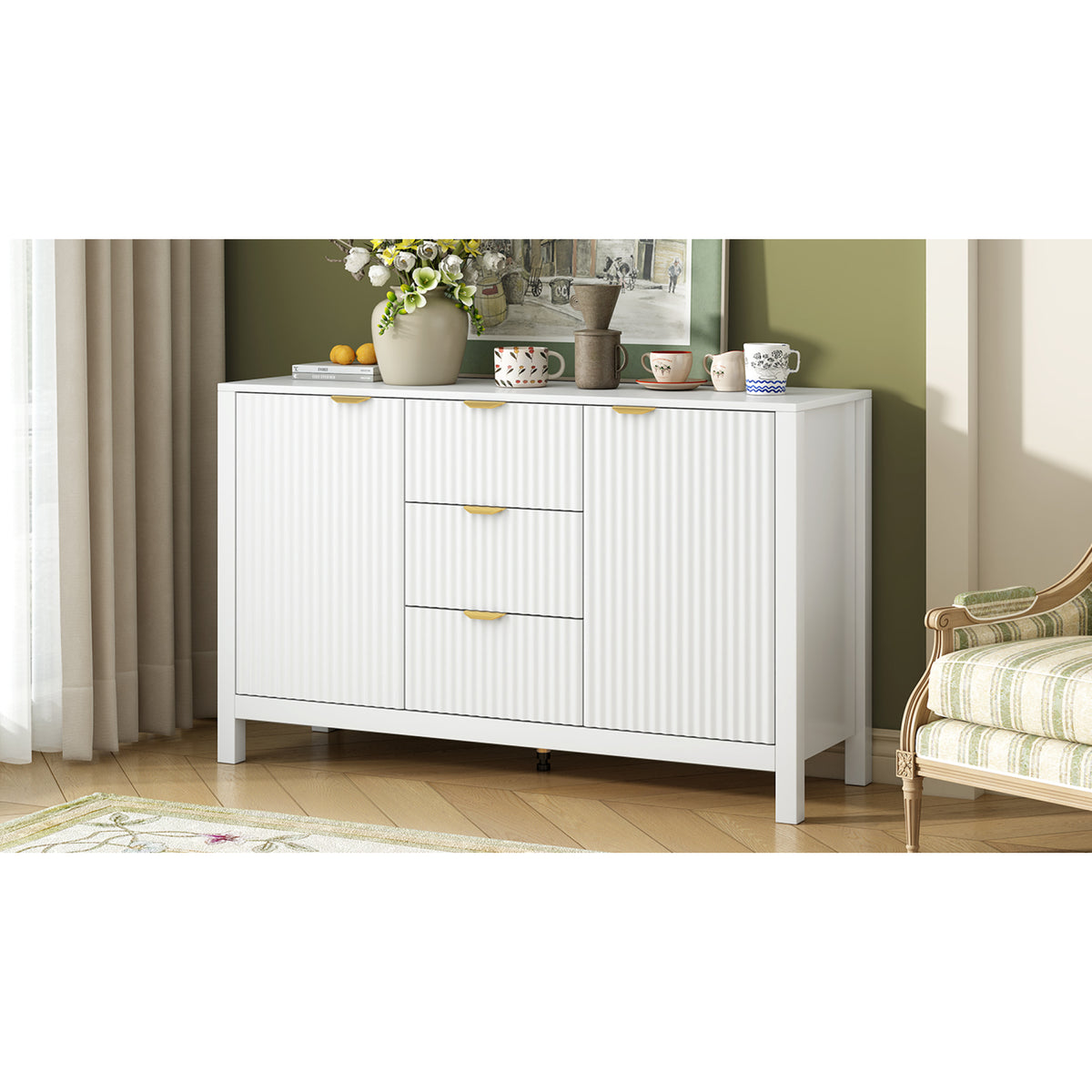 variant-group:rf-n711p269066k|Roomfitters Sideboard Buffet Cabinet with 3 Drawers, Mid-century Modern Fluted Accent Storage for Kitchen & Dining, White