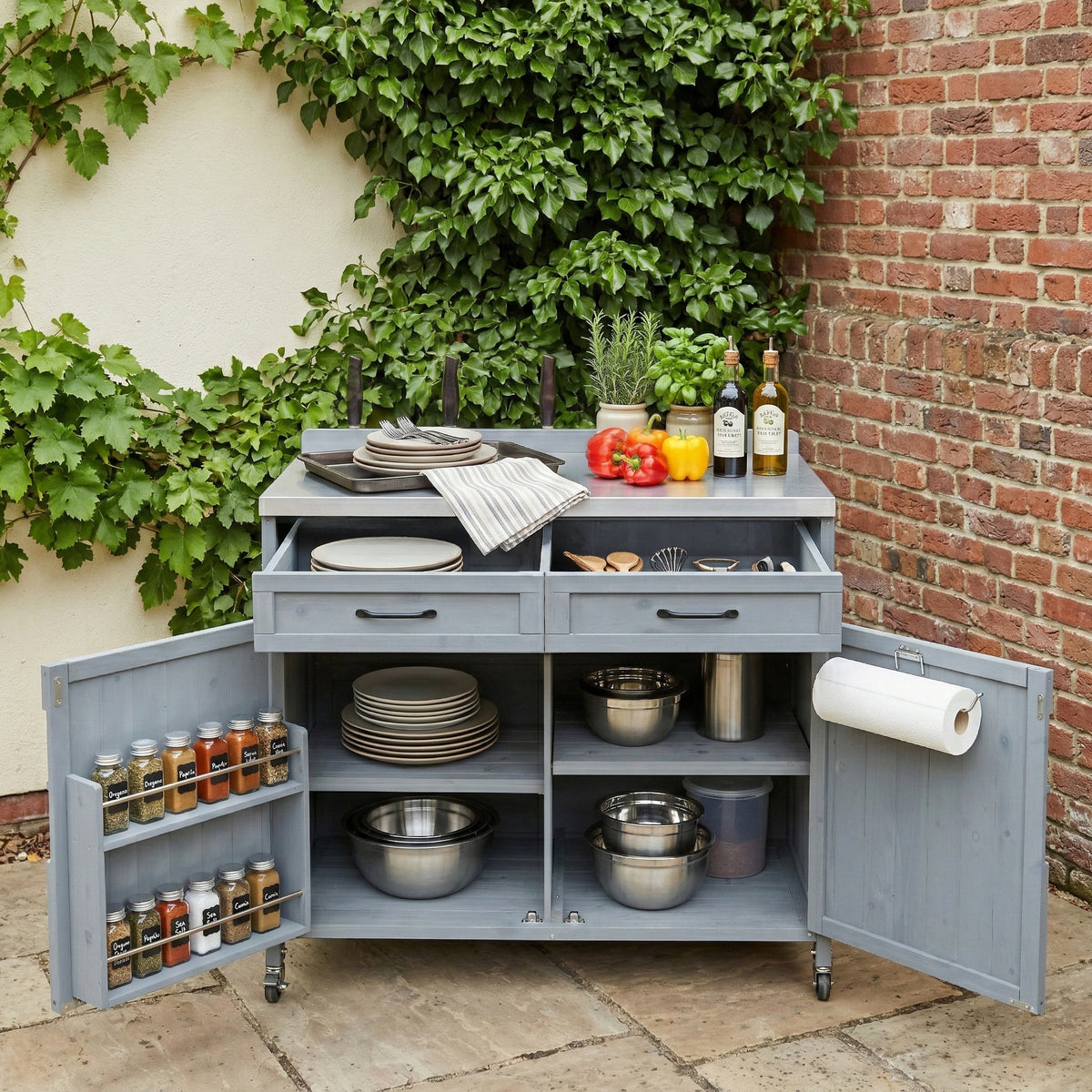variant-group:rf-n707p370273g|Roomfitters 39.4" Grill Cart, Outdoor Kitchen Island with Stainless Steel Top, BBQ Prep Station with Storage Cabinet, Grey+Blue
