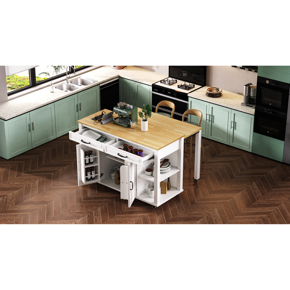 variant-group:rf-n707p215327w|Roomfitters 47" Kitchen Island with Extendable Dining Table, Storage Cabinet, Power Outlet, Rubber Wood Veneer, White