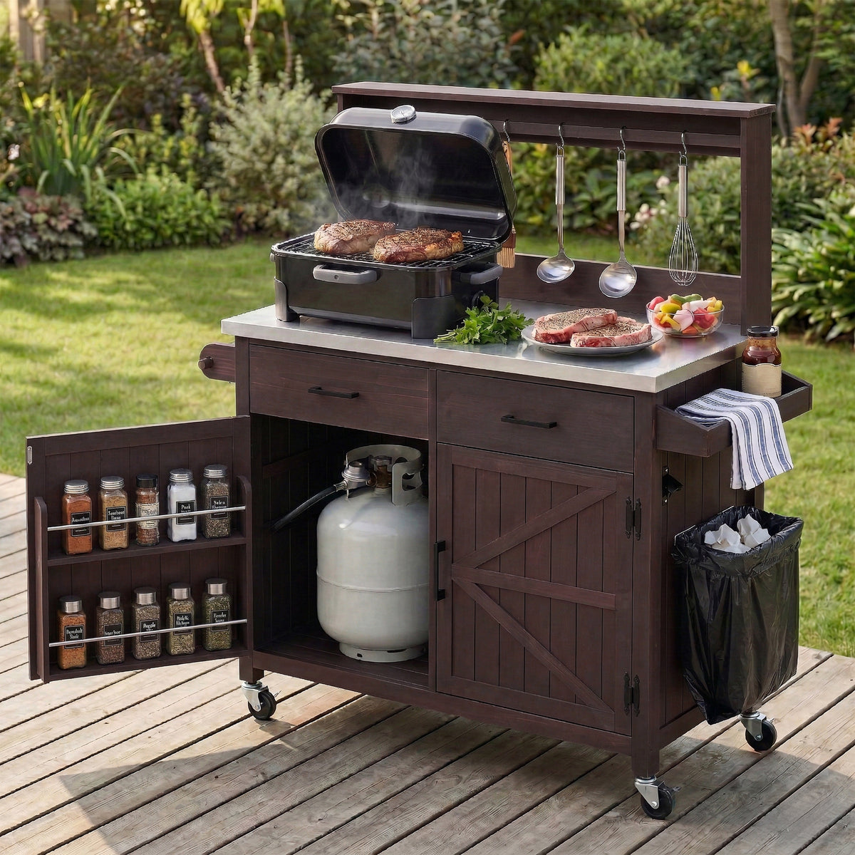 variant-group:rf-n707p409087z|Roomfitters 54.1" Grill Cart, Outdoor Kitchen Prep Station with Stainless Steel Top and Propane Tank Storage, Dark Brown