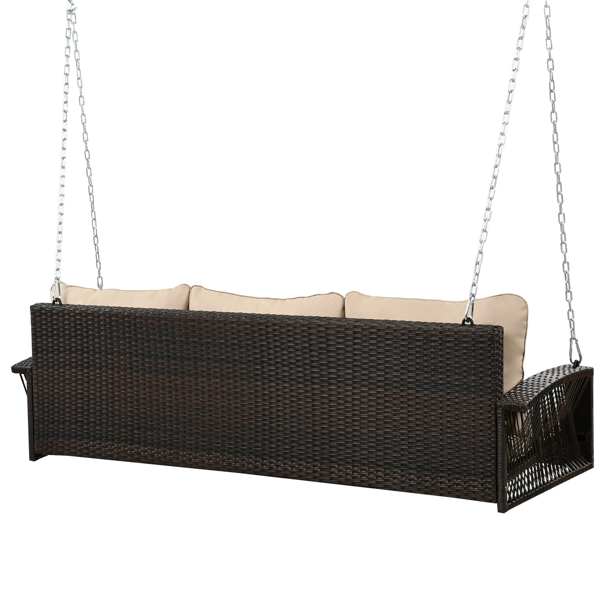 Roomfitters 69" PE Wicker 3-Person Porch Swing, Large Patio Swing Bench with Chains & Cushions, Backyard & Garden, Brown Roomfitters