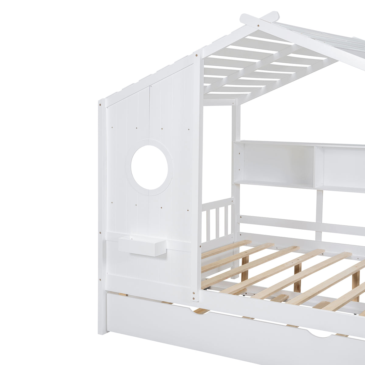 variant-group:rf-n733s316125k|Roomfitters Wooden Full Size House Bed with Trundle and Storage Shelf, White
