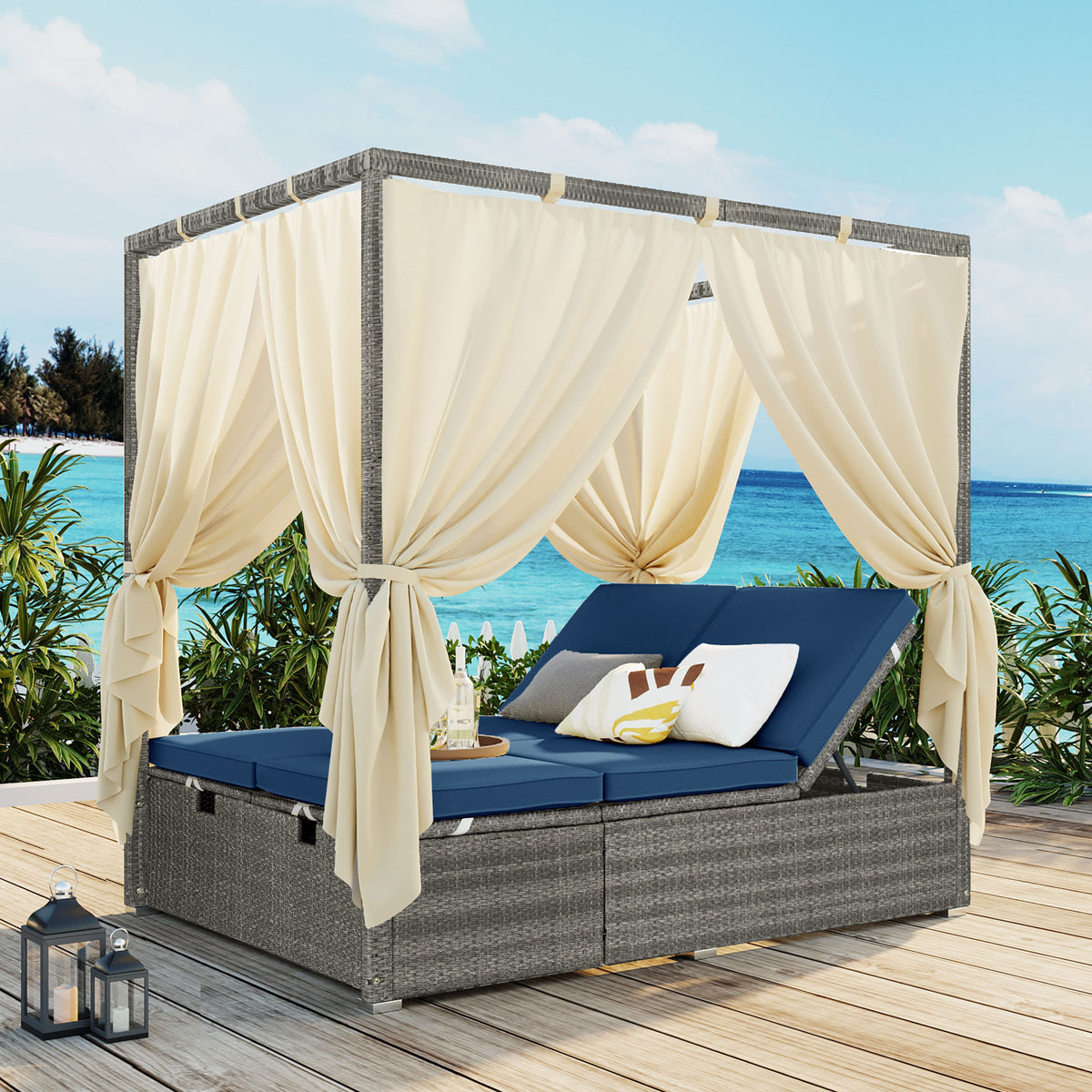 variant-group:rf-n711wy000471aac|Roomfitters Modern Tropical Dark Blue PE Rattan Outdoor Double Sun Lounger, Patio Daybed, Adjustable Recline, Canopy