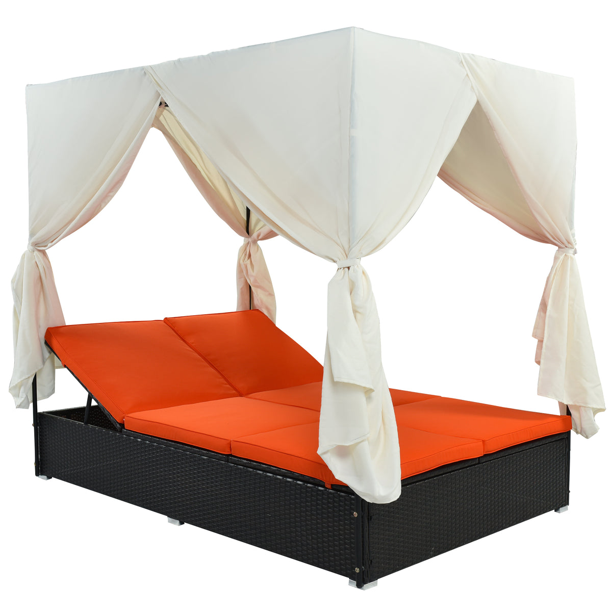 variant-group:rf-n711wy000476aao|Roomfitters Luxury Cabana Vibrant Orange Outdoor Double Chaise Lounge Patio Daybed, Curtains, Adjustable Reclining
