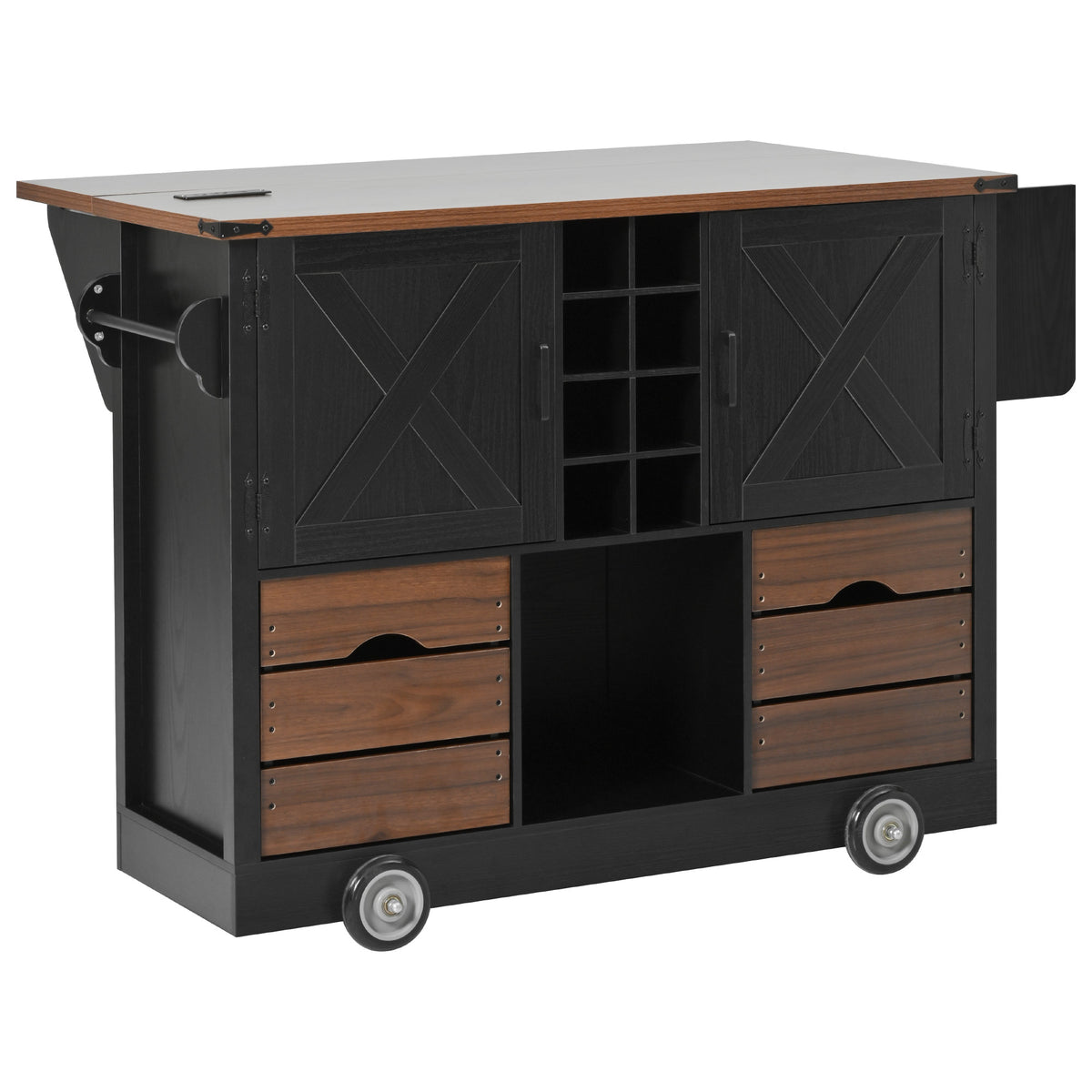variant-group:rf-n707p349814b|Roomfitters 54" Farmhouse Kitchen Island with Drop Leaf, Power Outlet, Wine Rack, 2 Drawers, 2 Doors, Black