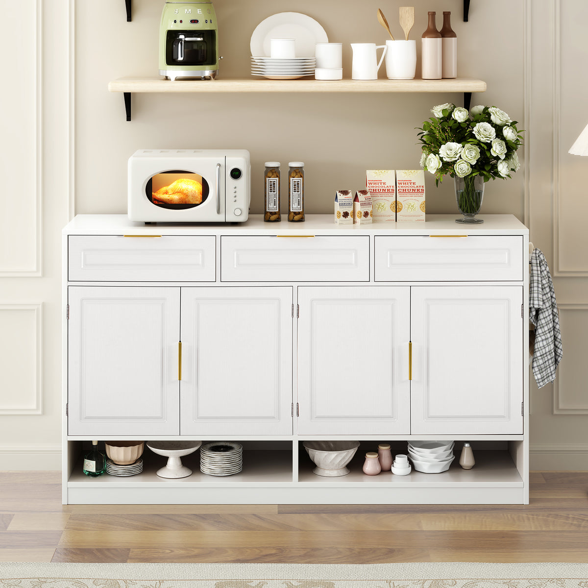 variant-group:rf-n711p345213k|Roomfitters 59.1" Farmhouse Sideboard Buffet Cabinet with 3 Drawers and 4 Doors, Kitchen Storage with Open Shelf, White