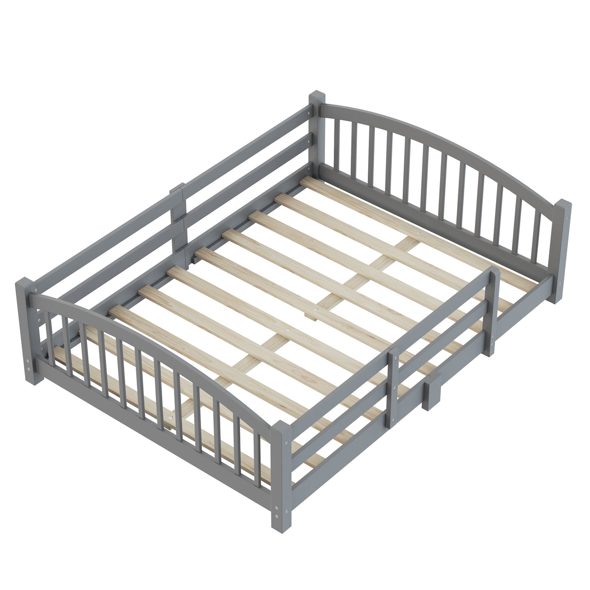 variant-group:rf-n733p400299e|Roomfitters Full Montessori Floor Bed with Guardrails, Solid Wood Low Platform Bed with Slats, Easy Assembly, Gray