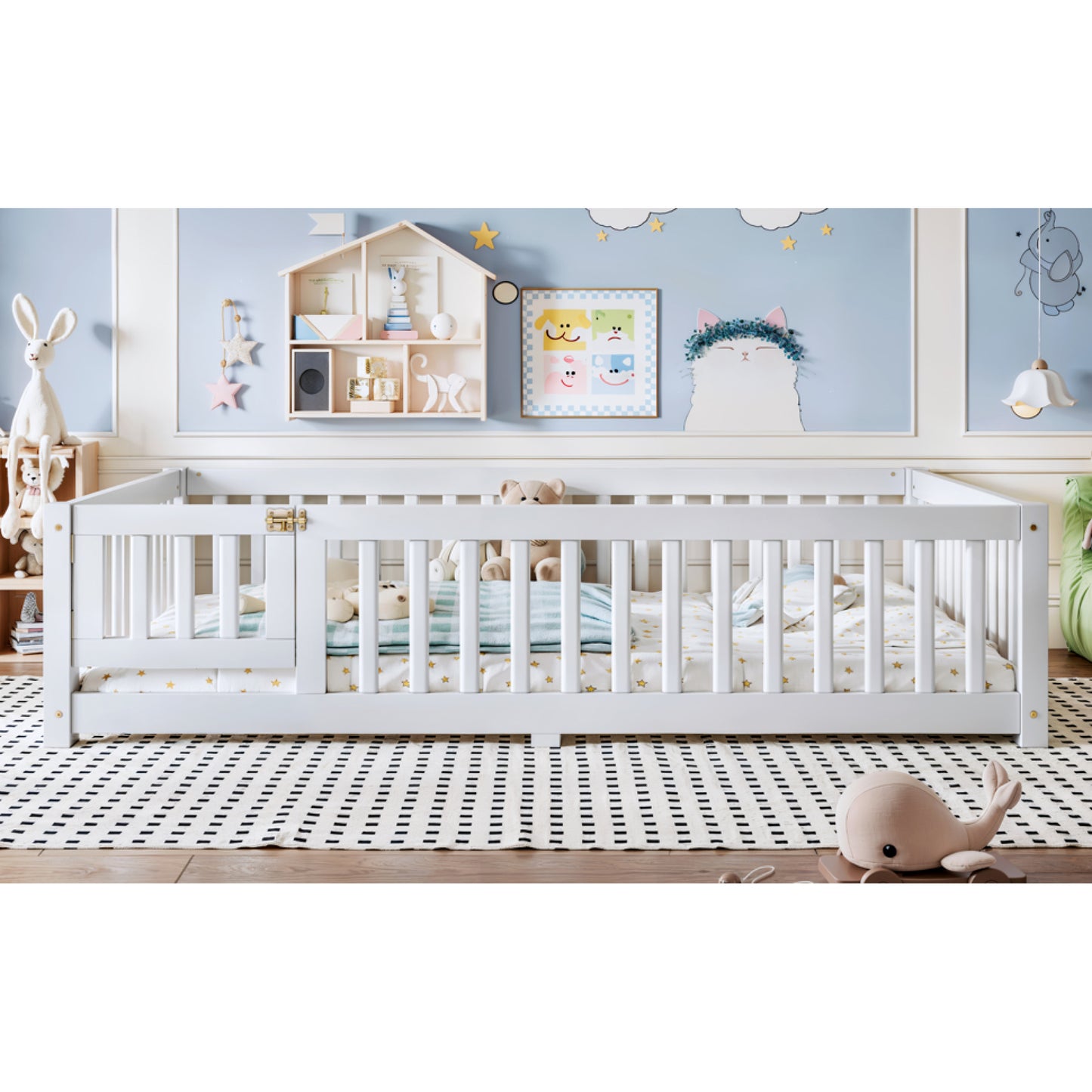 variant-group:rf-w1580p462317|Roomfitters Full Size Wooden Floor Bed Frame with Safety Guardrails Door, Solid Wood Low Profile Toddler Play Bed, White