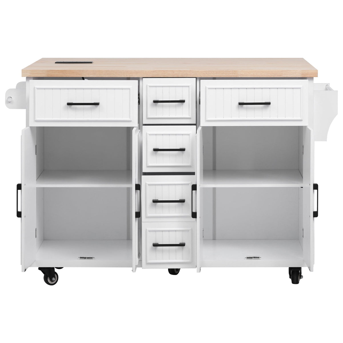 Roomfitters 56.5" Kitchen Island with Drop Leaf, Rolling Kitchen Cart with 5 Storage Drawers, Spice Rack & Towel Holder, White