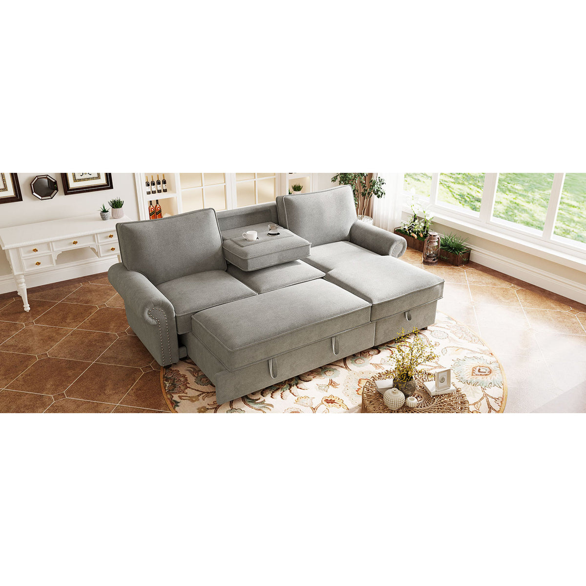 variant-group:rf-n711wy000466aae|Roomfitters 95" Convertible Sectional Sleeper Sofa L-Shaped Couch with Storage Chaise and Pull Out Bed for Living Room, Grey