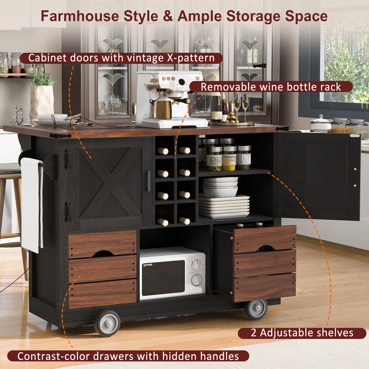 variant-group:rf-n707p349814b|Roomfitters 54" Farmhouse Kitchen Island with Drop Leaf, Power Outlet, Wine Rack, 2 Drawers, 2 Doors, Black