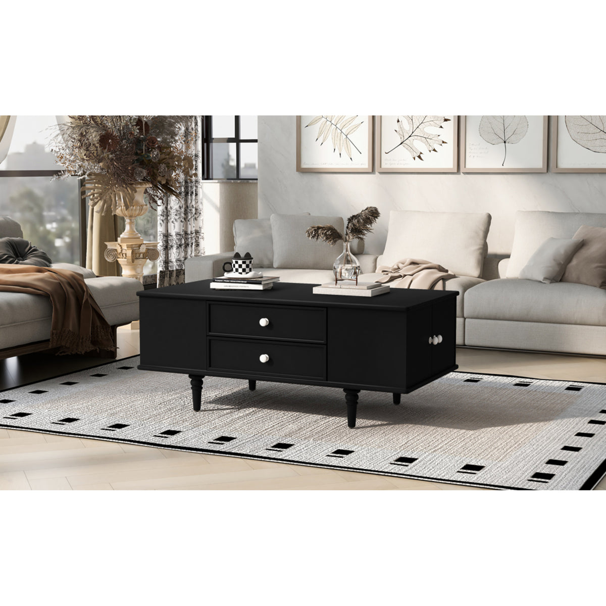 variant-group:rf-n724p286418b|Roomfitters Modern Rectangle Coffee Table with 4 Drawers and Hidden Side Storage, Solid Wood Legs, Black