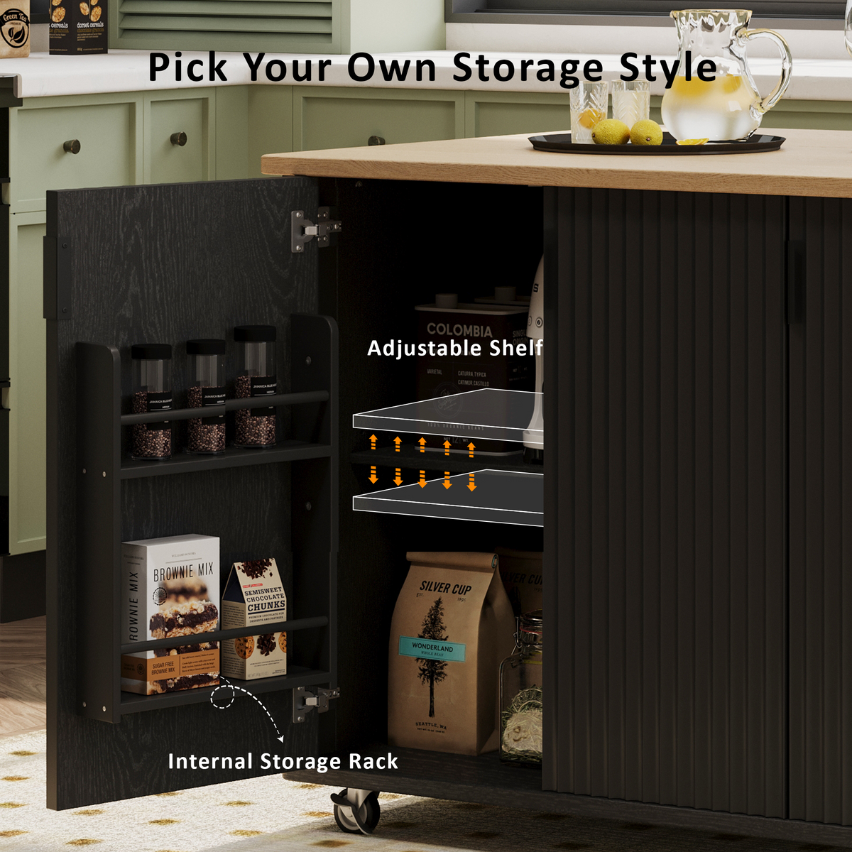 variant-group:rf-n707p221446b|Roomfitters 51" Fluted Kitchen Island with Drop Leaf, Rolling Cart with Storage Rack, Farmhouse Style, Towel Rack, Black