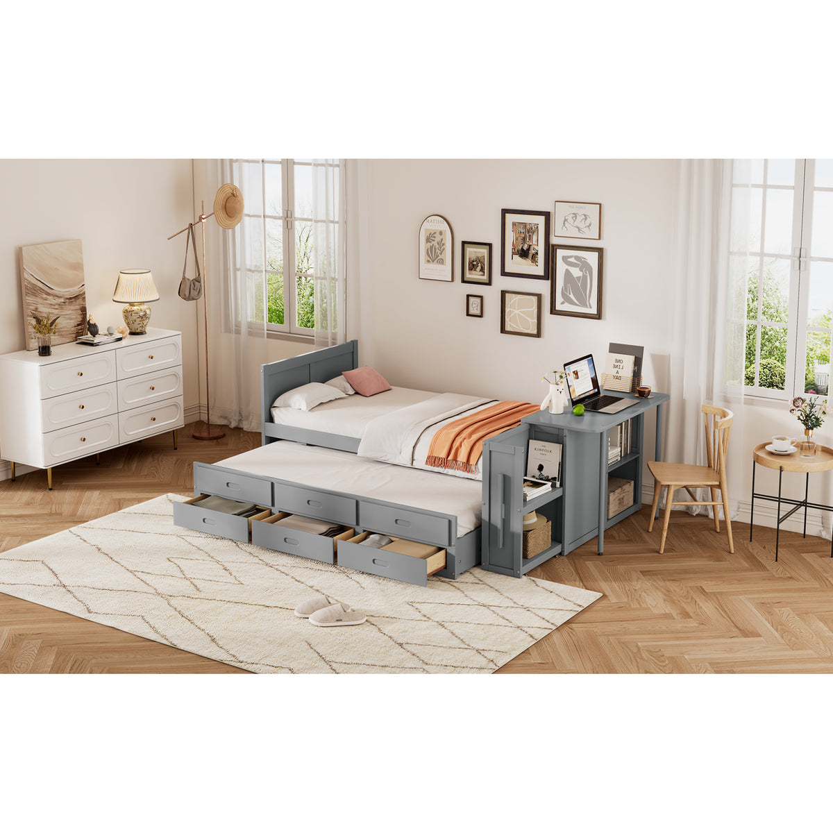 variant-group:rf-n733s212832e|Roomfitters Twin Size Multifunctional Wood Platform Bed with Desk and Storage Shelf, Built-in Trundle and Storage, Grey