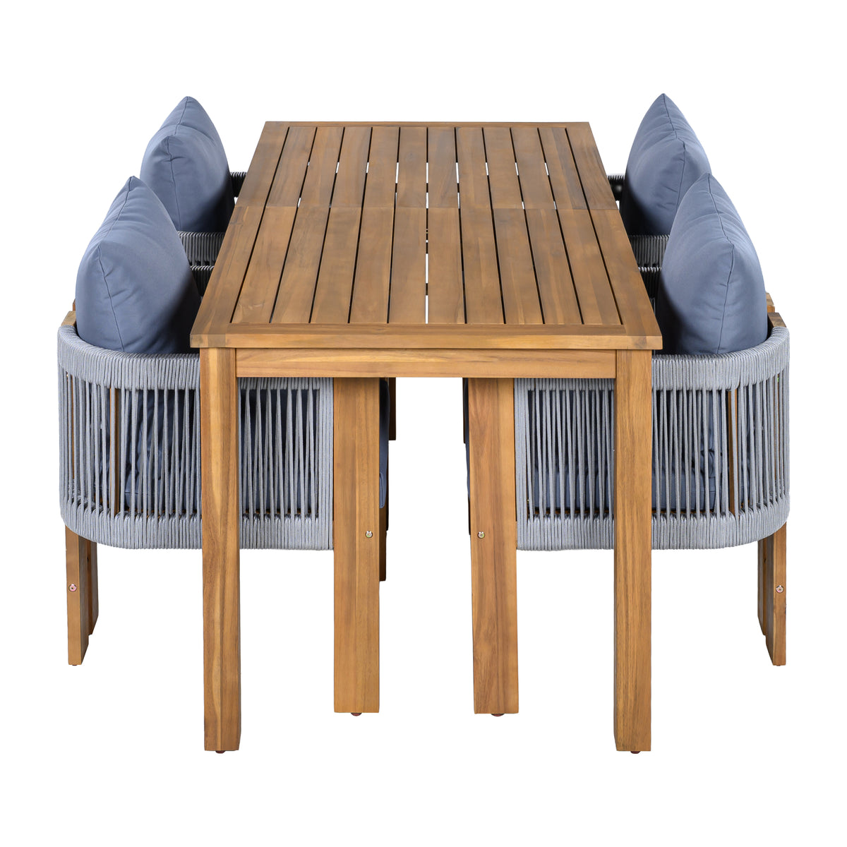variant-group:rf-n711wy000496aae|Roomfitters 5-Piece Rope Woven Outdoor Dining Set, Farmhouse Solid Acacia Table, 4 Chairs Pack, Brown and Grey