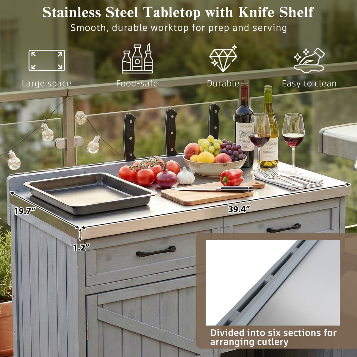 variant-group:rf-n707p370273g|Roomfitters 39.4" Grill Cart, Outdoor Kitchen Island with Stainless Steel Top, BBQ Prep Station with Storage Cabinet, Grey+Blue