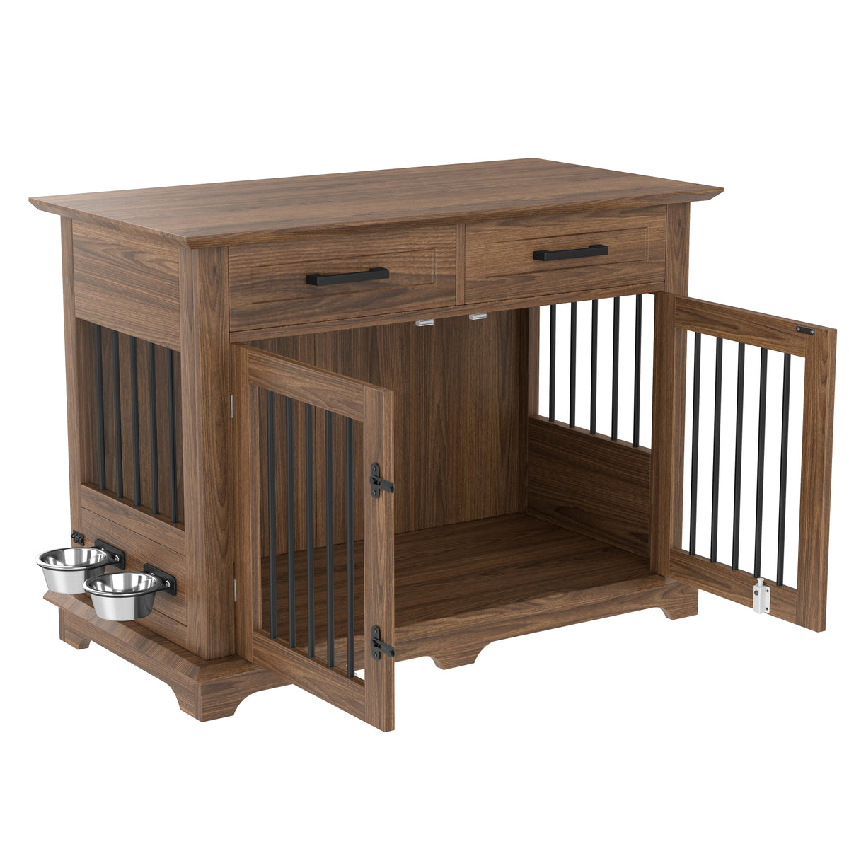 variant-group:rf-n704p379112d|Roomfitters 44-Inch Decorative Dog Crate Furniture Indoor Wooden Kennel End Table with 360 Rotating Bowls Brown