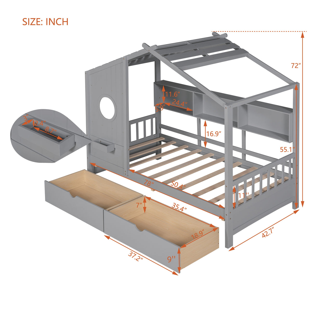 variant-group:rf-n733s308483e|Roomfitters Wooden Twin Size House Bed with 2 Drawers and Storage Shelf, Gray