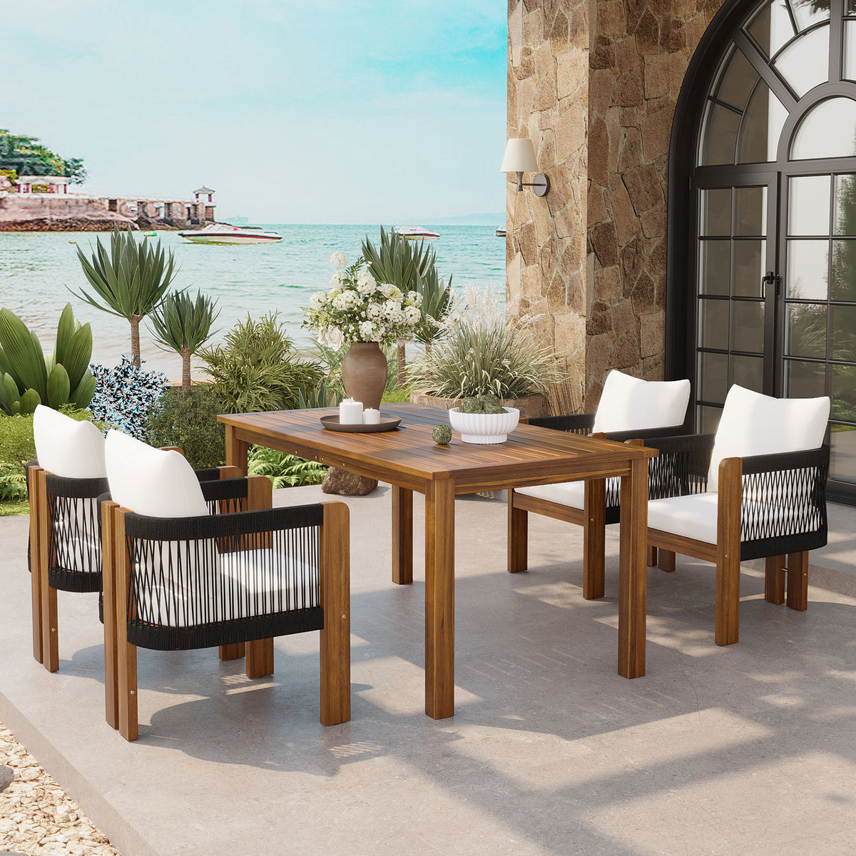 variant-group:rf-n711wy000496aab|Roomfitters 5-Piece Rope Woven Outdoor Dining Set, Farmhouse Solid Acacia Table, 4 Chairs Pack, Black and Brown
