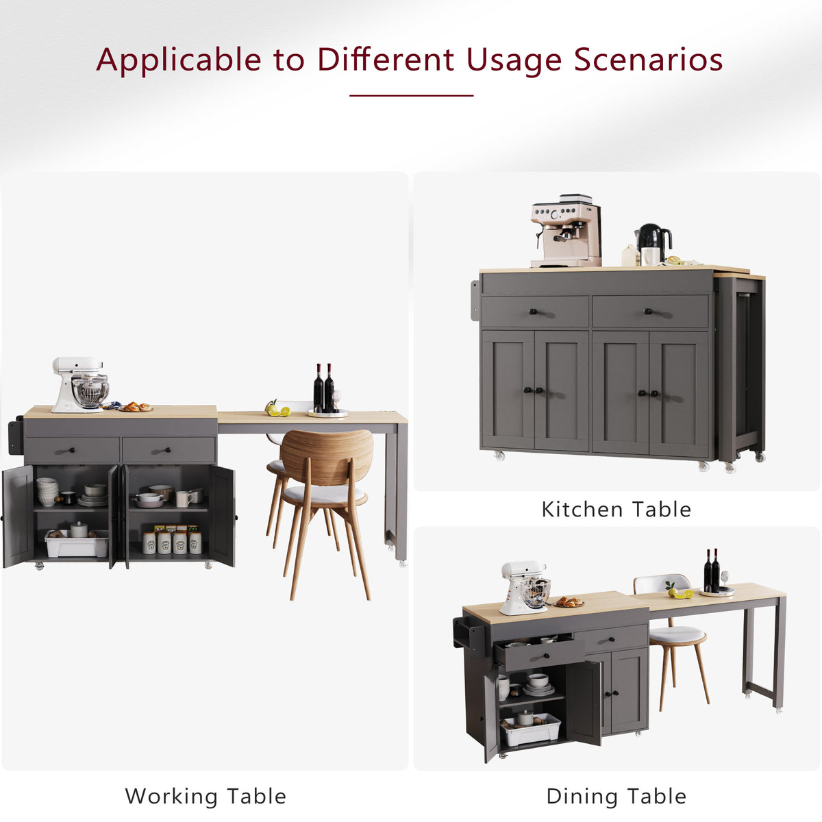 variant-group:rf-n707s000009g|Roomfitters 74.5" Kitchen Island with Extendable Table, Rolling Cart with Spice Rack, Storage Cabinet, Grey