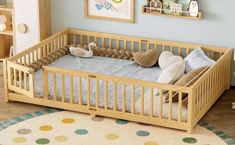 variant-group:rf-w1580p338954|Roomfitters Wooden Queen Floor Bed Frame with Door & Safety Guardrails, Low Platform Design for Bedroom or Playroom, Natural