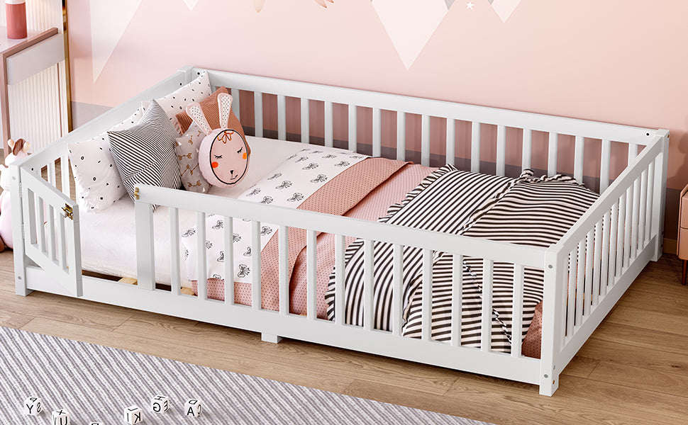 variant-group:rf-w1580p338950|Roomfitters Wooden Full Floor Bed Frame with Door & Safety Guardrails, Low Platform Design for Bedroom or Playroom, White