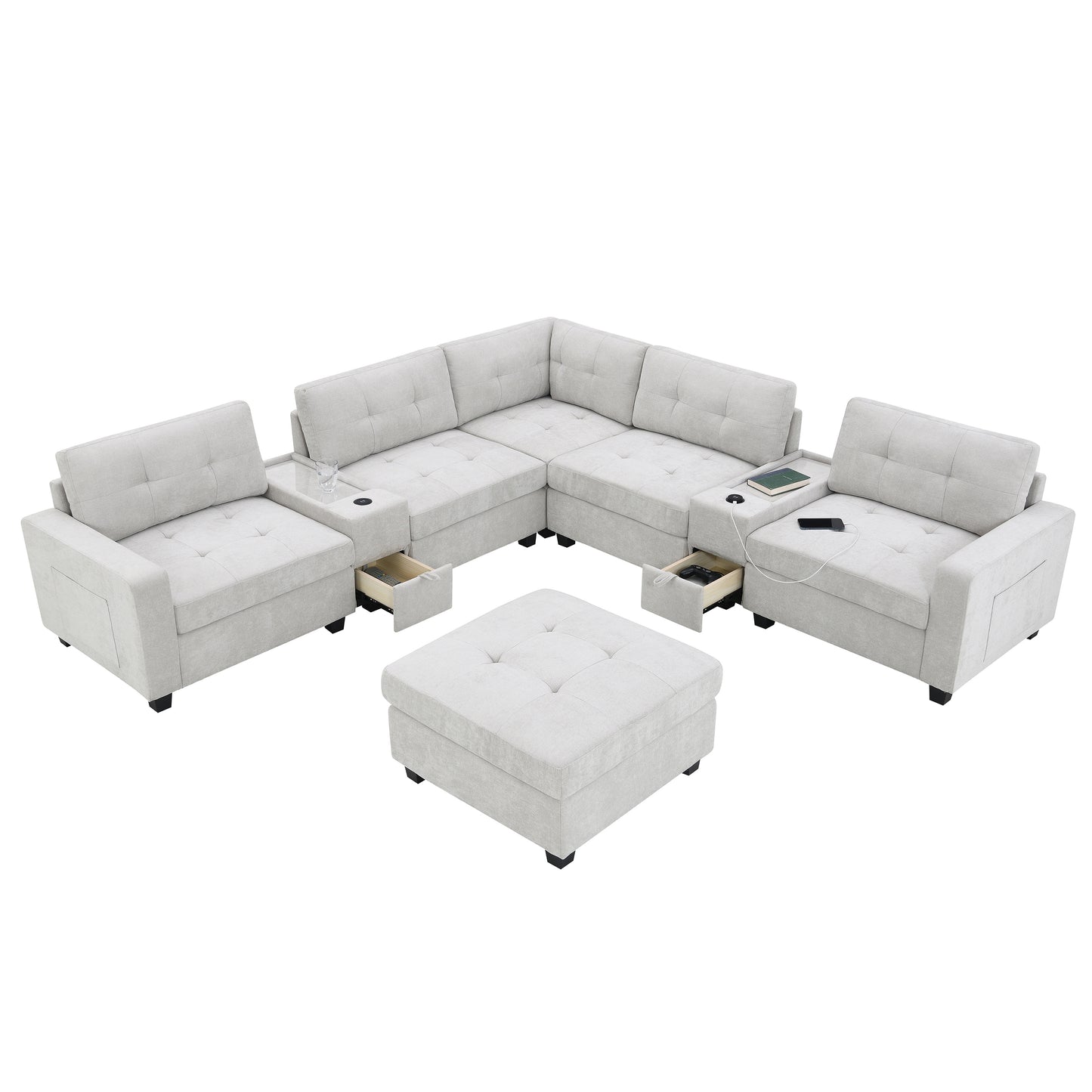 variant-group:rf-n723s1191k|Roomfitters 104 Inch Modular Sectional Sofa with Console and Cup Holders, Upholstered L-Shape Couch for Home Decor, Light Gray