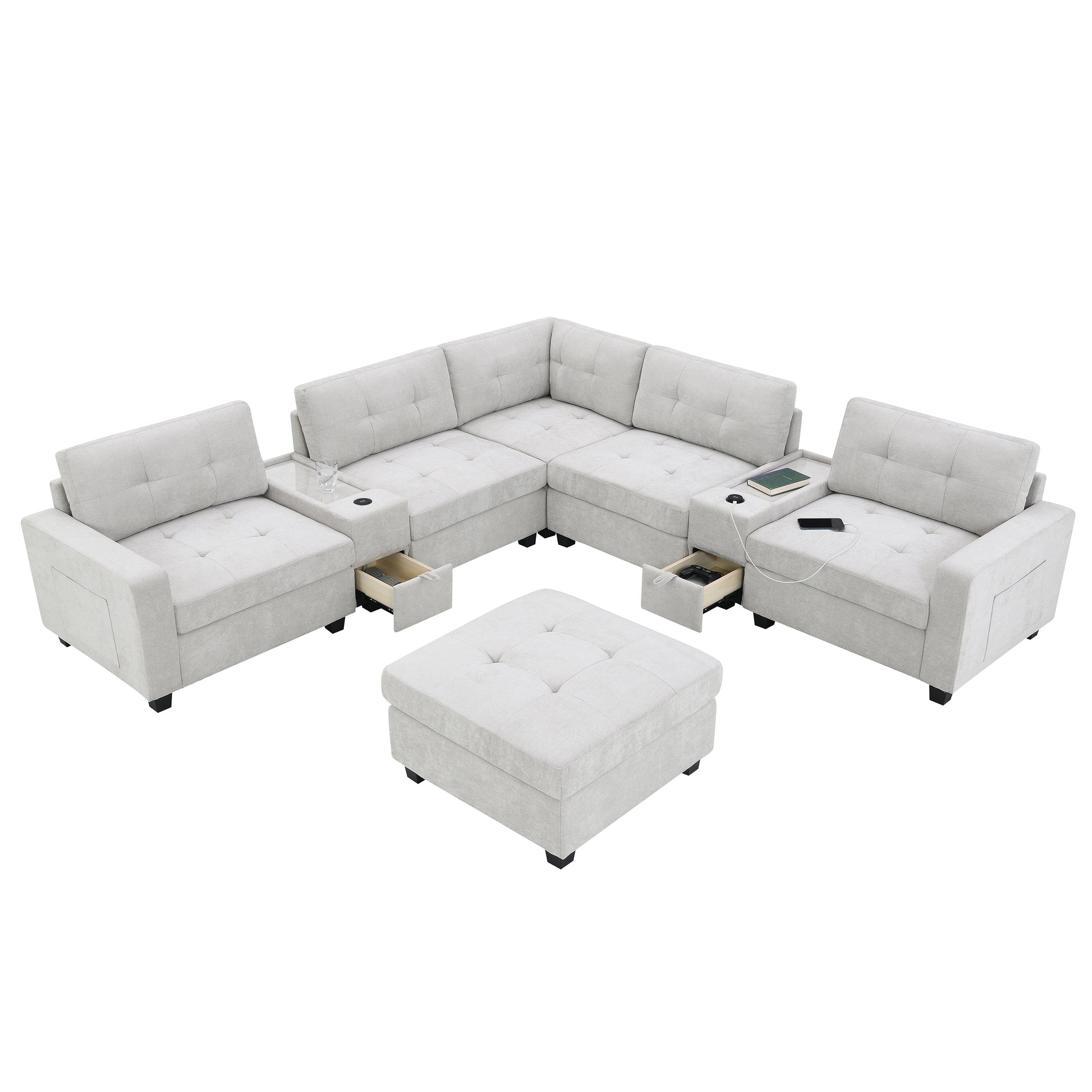 variant-group:rf-n723s1191k|Roomfitters 104 Inch Modular Sectional Sofa with Console and Cup Holders, Upholstered L-Shape Couch for Home Decor, Light Gray
