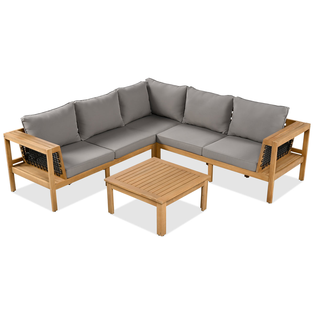 variant-group:rf-n704f201249e|Roomfitters 4-Piece Outdoor Sectional Sofa Set with Coffee Table and Built-in Side Shelves, Wood Frame, Gray+Natural