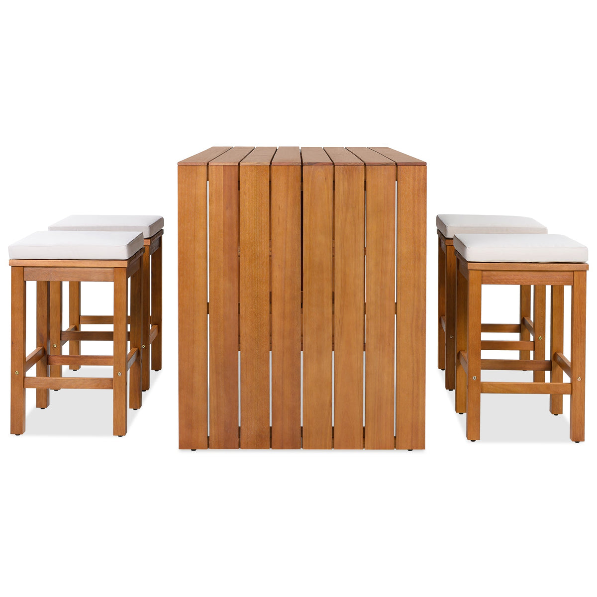 Roomfitters 5 Piece Outdoor Bar Set with High Top Dining Table and 4 Cushioned Backless Stools, Patio Furniture, Beige+Natural Roomfitters