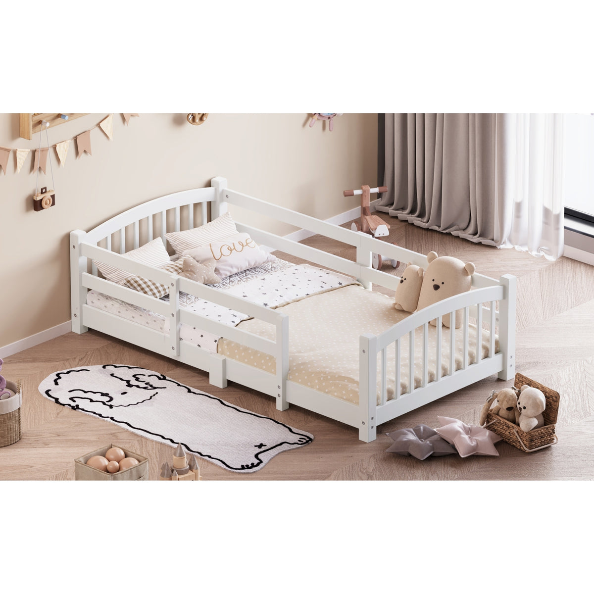 variant-group:rf-n733p400298k|Roomfitters Twin Montessori Floor Bed with Guardrails, Solid Wood Low Platform Bed with Slats, Easy Assembly, White