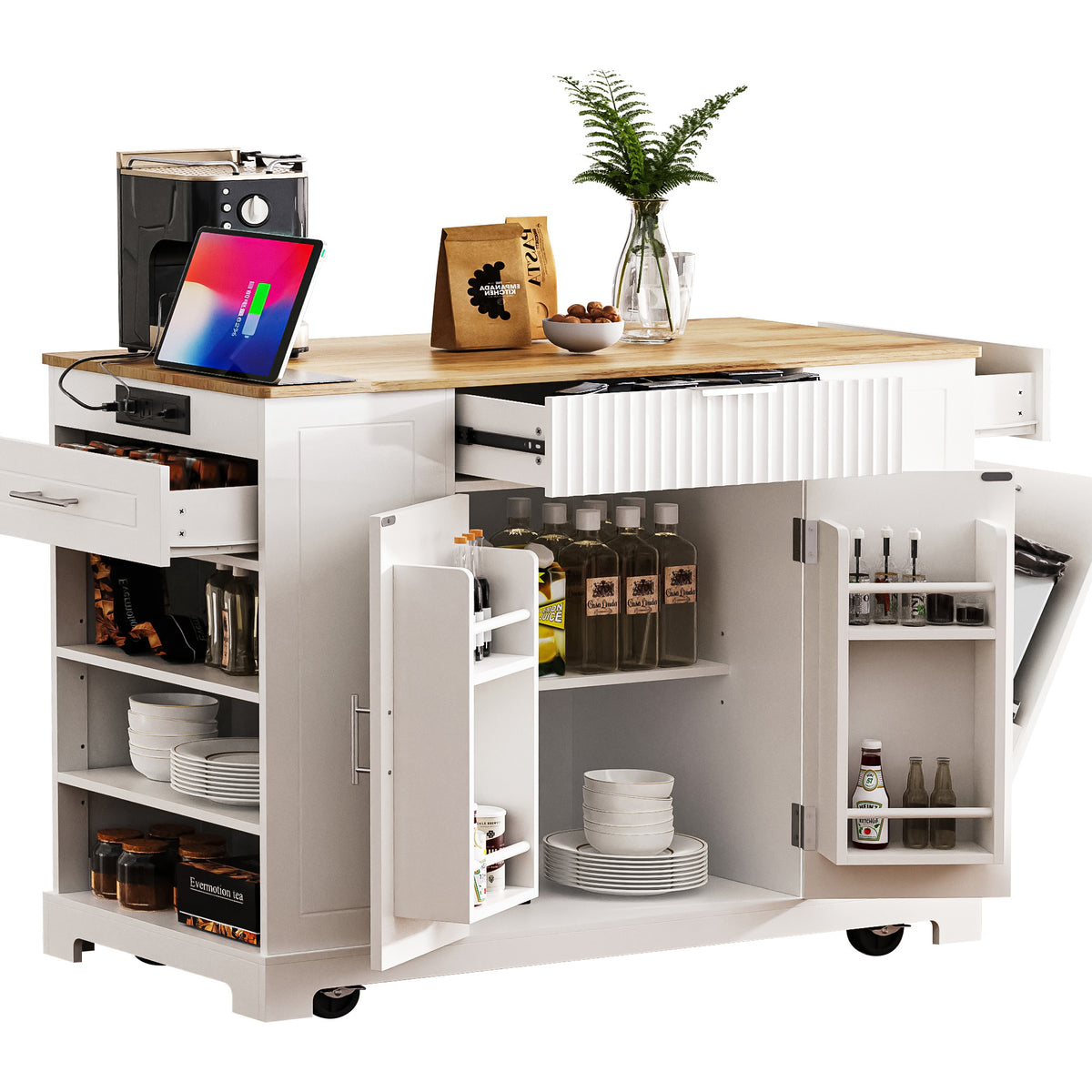 variant-group:rf-n707p221571w|Roomfitters Fluted Kitchen Island with Trash Can Cabinet, Power Outlet, Storage Rack, Rolling Cart with Open Side Racks, White