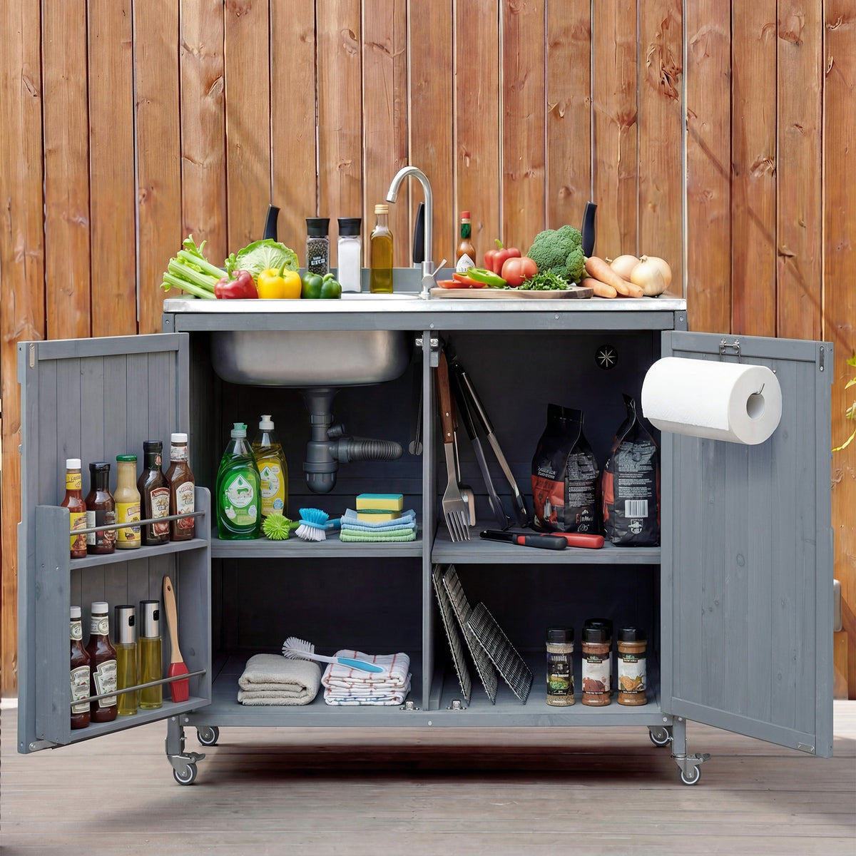 variant-group:rf-n707p370281g|Roomfitters 39.4" Outdoor Grill Cart with Stainless Steel Top, Prep Station with Sink and Storage Cabinet, Grey+Blue
