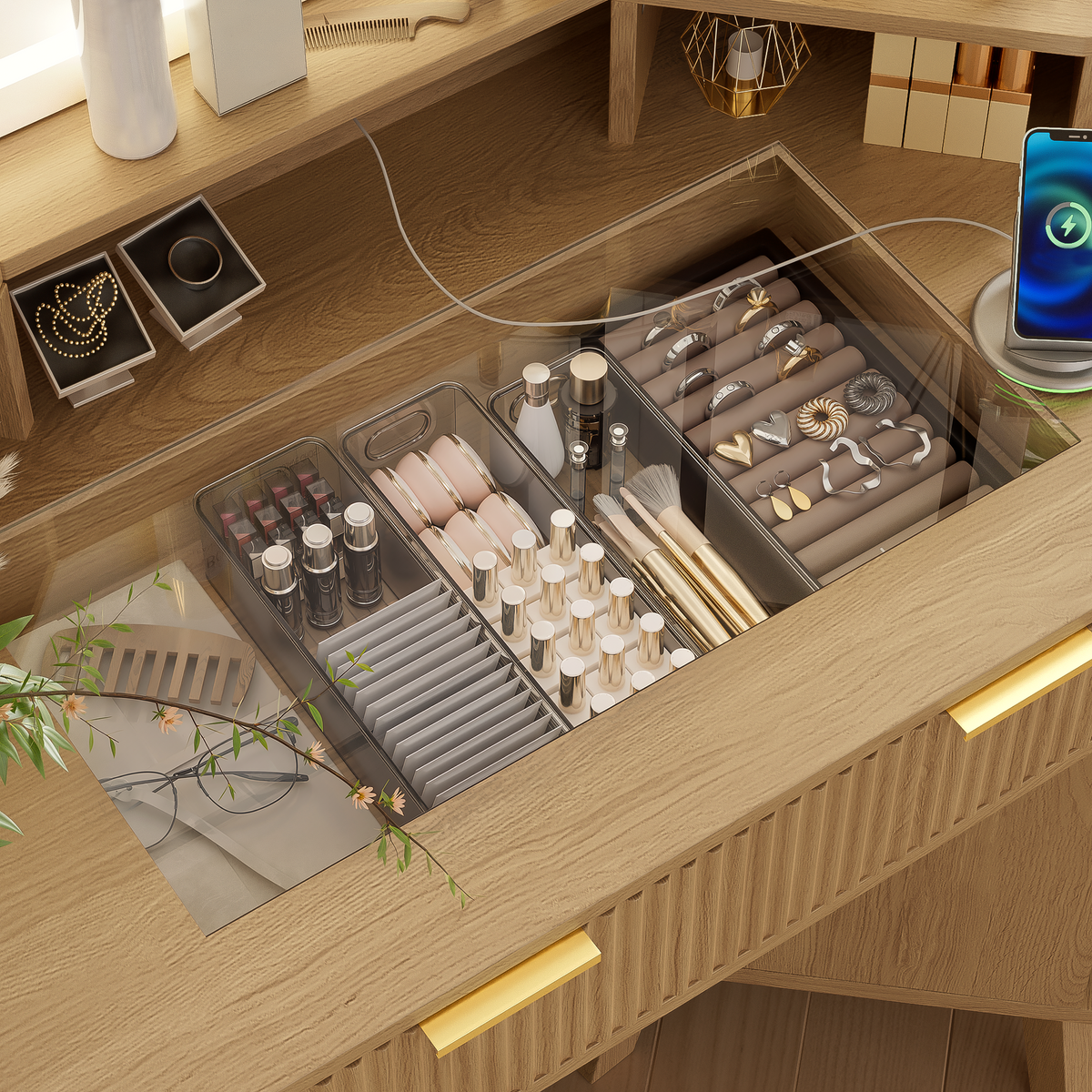 variant-group:rf-n704p392485n|Roomfitters 47.2" Corner Makeup Vanity Desk with 3-Panel LED Mirror, Glass Top, Charging Station and Storage Hutch, Oak