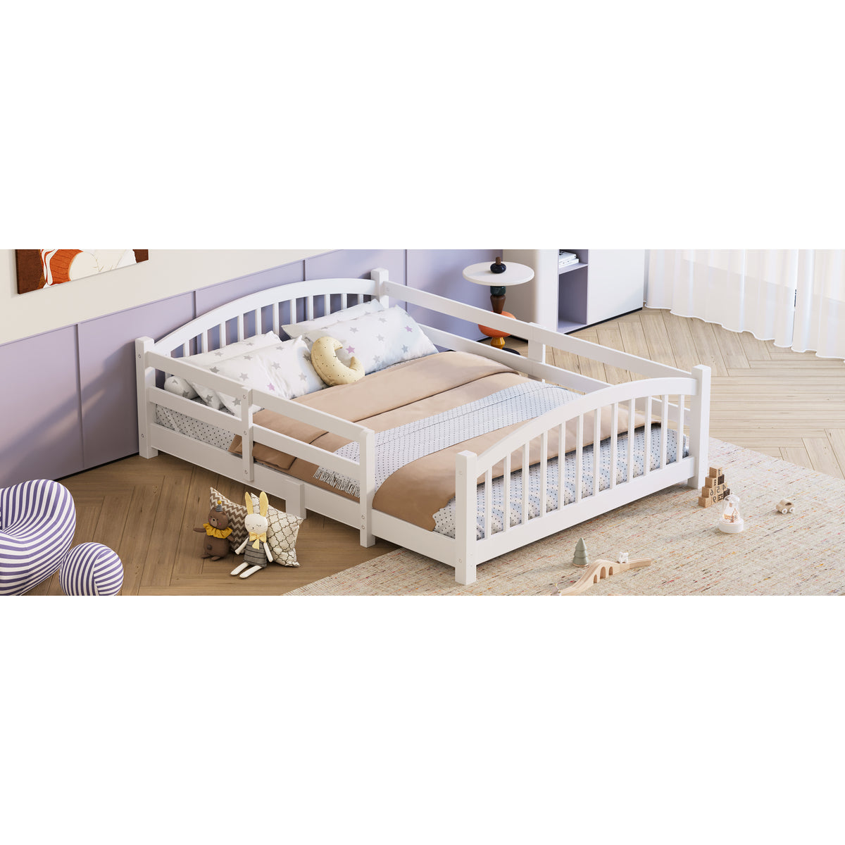 variant-group:rf-n733p400299k|Roomfitters Full Montessori Floor Bed with Guardrails, Solid Wood Low Platform Bed with Slats, Easy Assembly, White