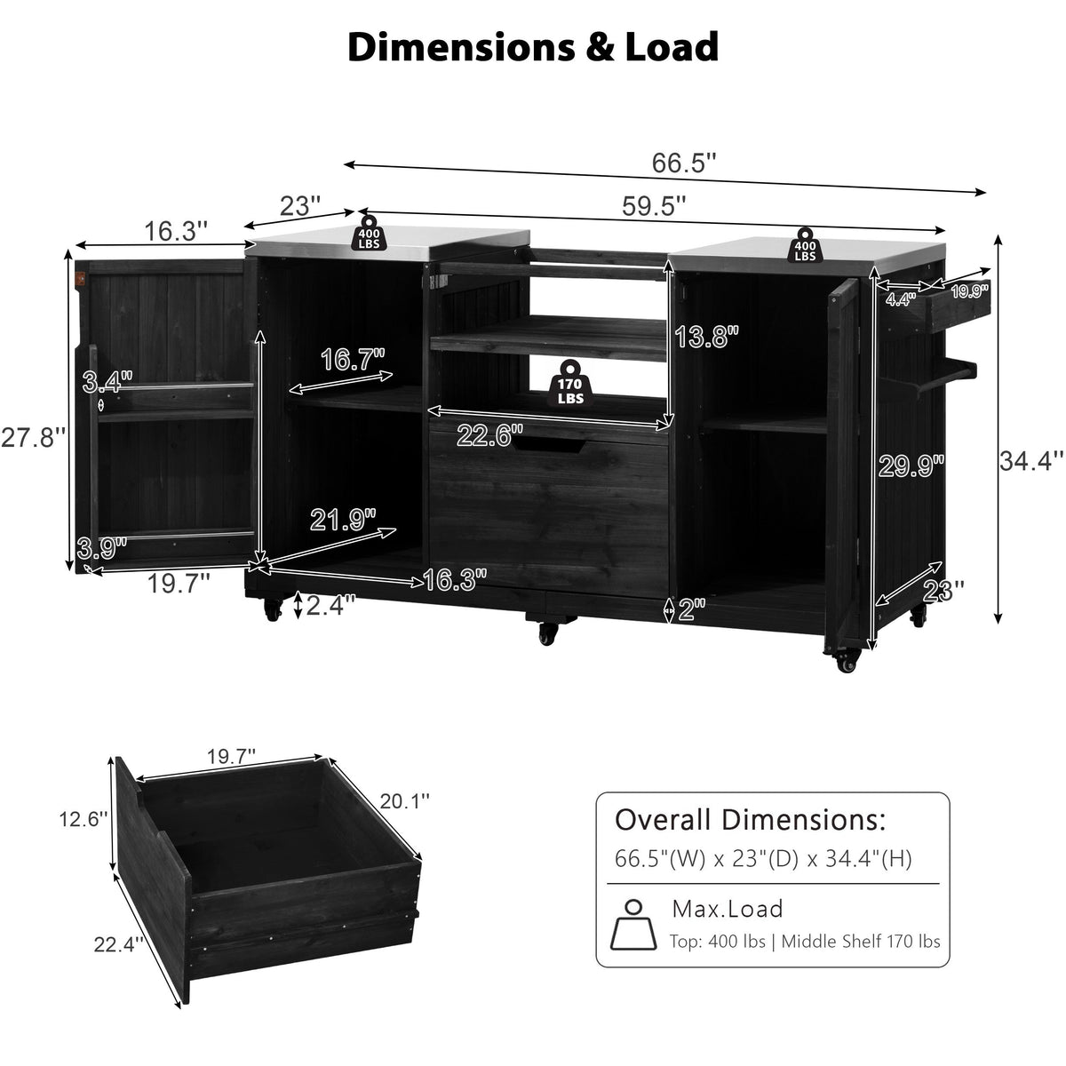 Roomfitters 66.5" Outdoor Grill Cart for Large Big Green Egg & Kamado Joe, Kitchen Island with Stainless Steel Top, Black