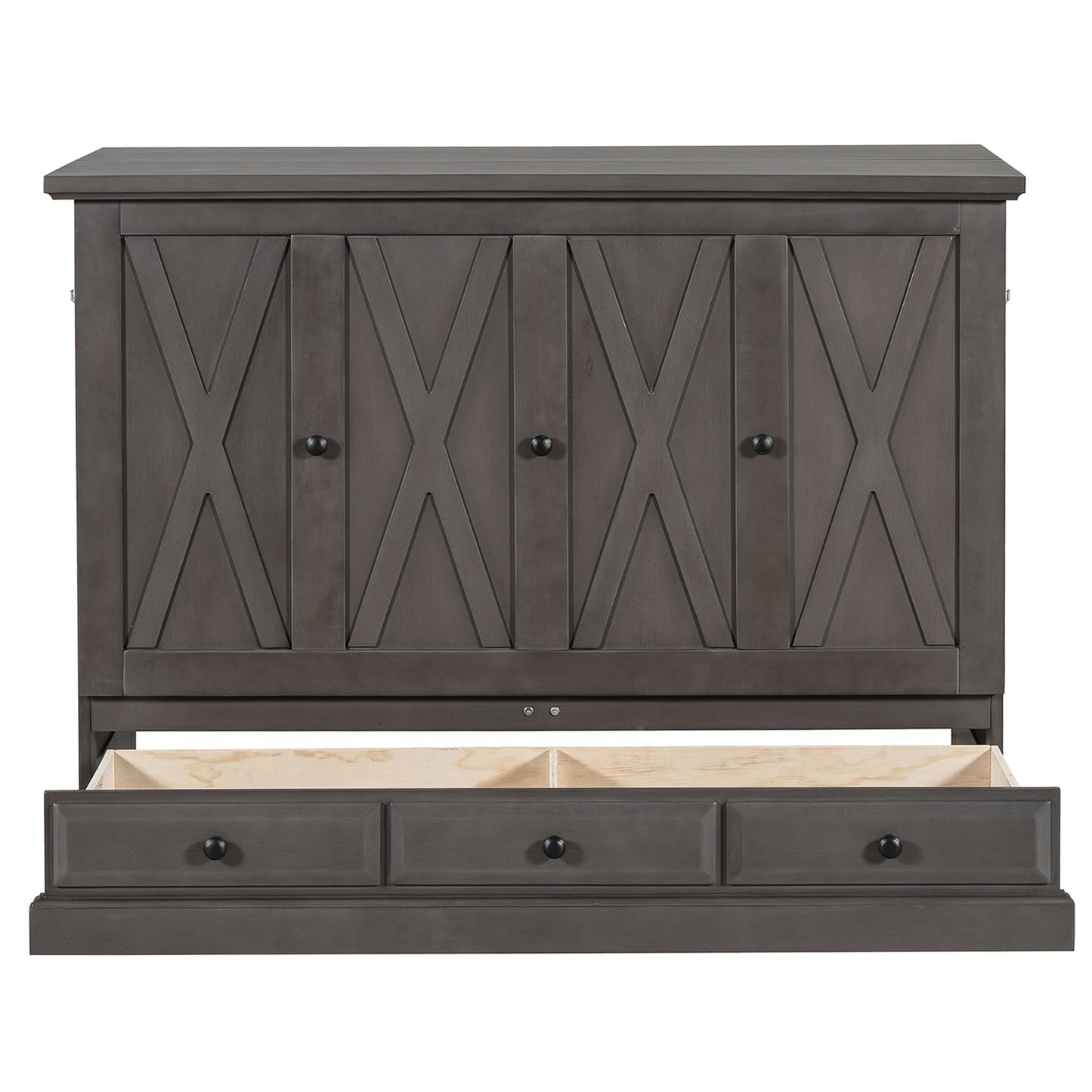 Roomfitters Full Size Solid Wood Murphy Bed Chest Cabinet, Farmhouse Wall Bed Charging Station Storage Drawer, Grey Roomfitters