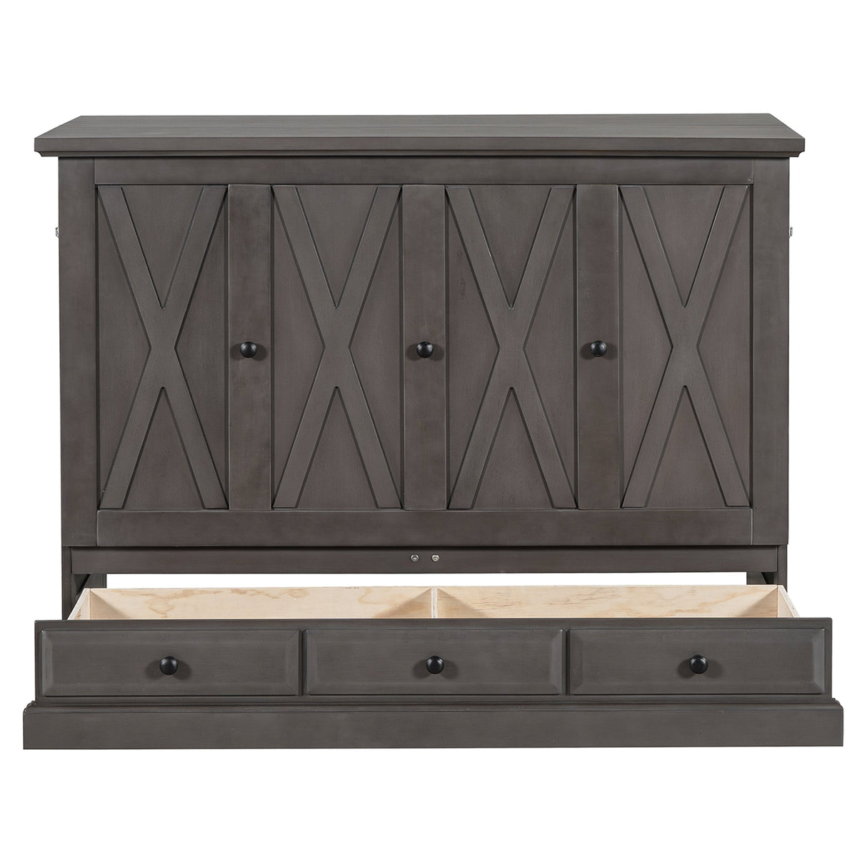 Roomfitters Full Size Solid Wood Murphy Bed Chest Cabinet, Farmhouse Wall Bed Charging Station Storage Drawer, Grey Roomfitters