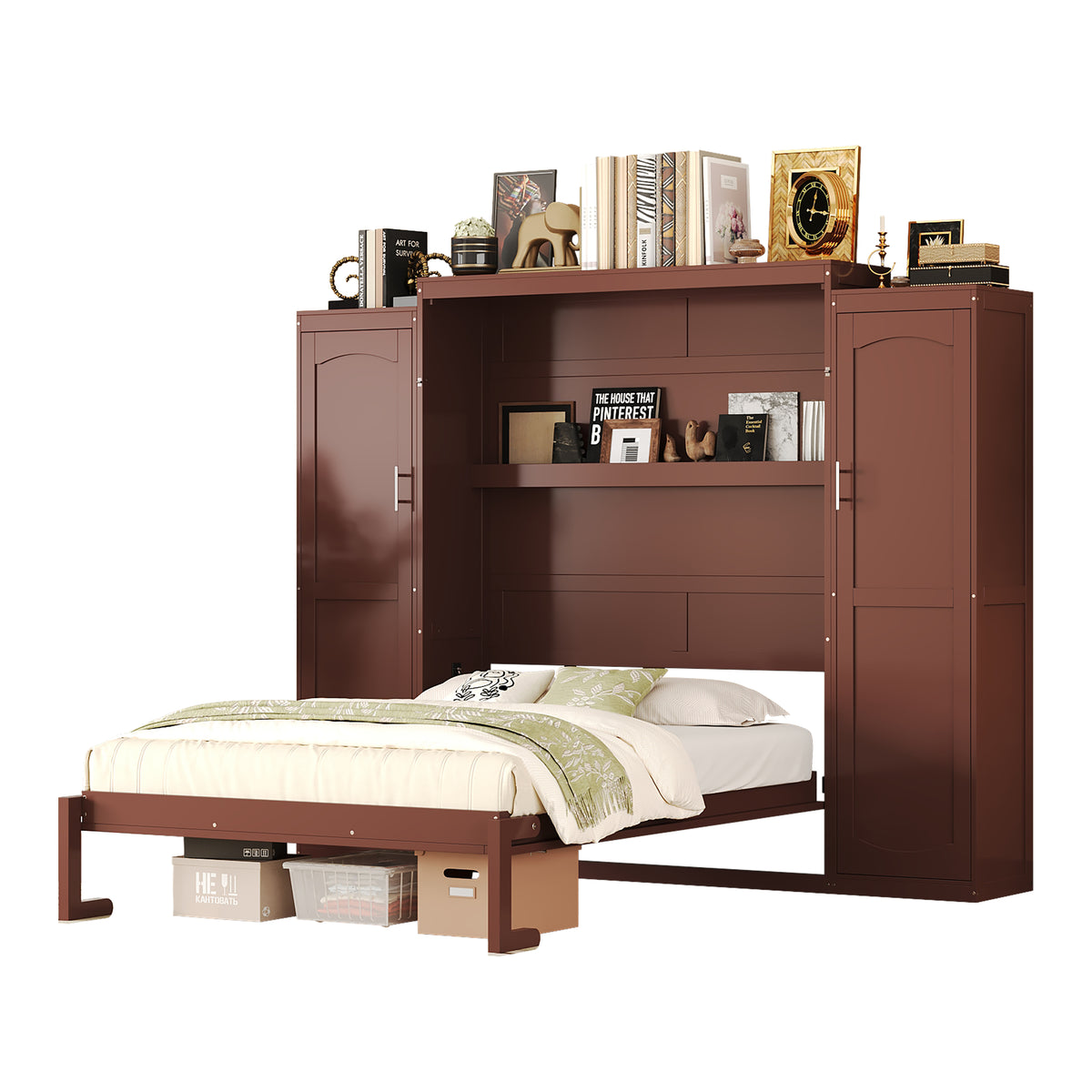 variant-group:rf-n733s235596d|Roomfitters Full Murphy Wall Bed with Two Wardrobes and Storage Shelf, Foldable Platform Bed Frame for Guest Room, Walnut