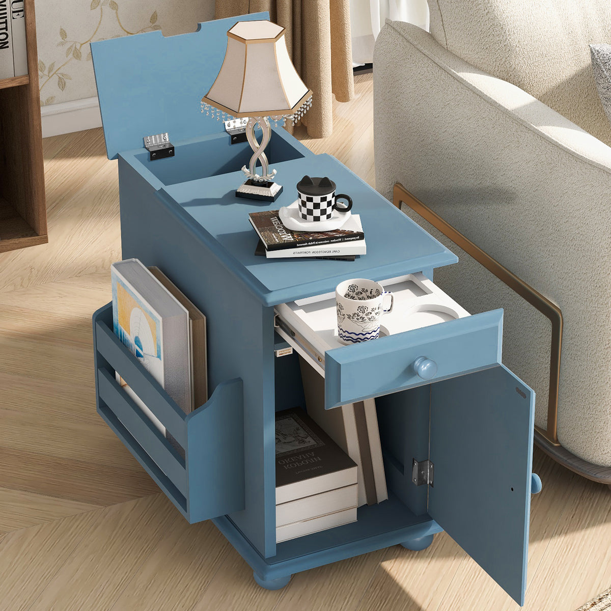 variant-group:rf-n724p293133m|Roomfitters Vintage Sofa Side Table with USB Ports, Flip Top, Cup Holders and Bookshelf Storage for Small Spaces, Navy Blue