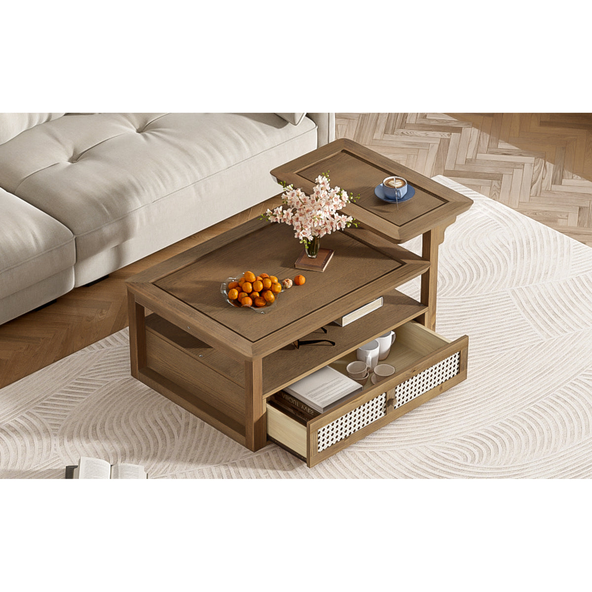 variant-group:rf-n724p232190d|Roomfitters Modern Coffee Table with Open Shelf, Dual Tabletops and Rattan Accent Storage, Walnut