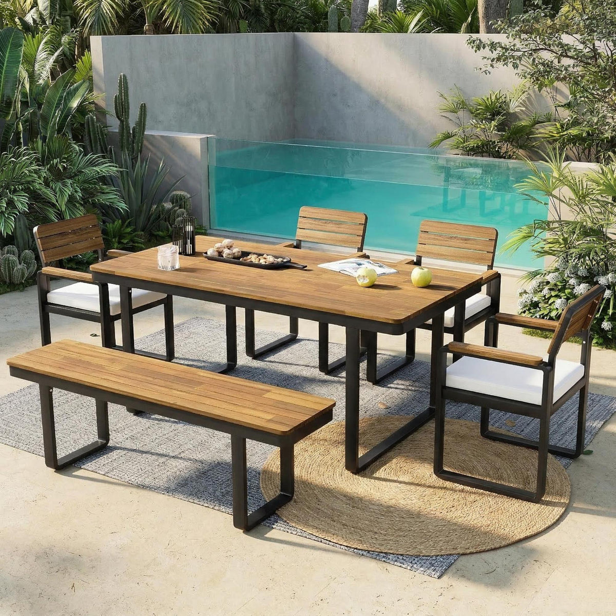 variant-group:rf-n704g201255a|Roomfitters 6-Piece Solid Acacia Wood Patio Dining Set with Steel Frames and Cushion Chairs Beige