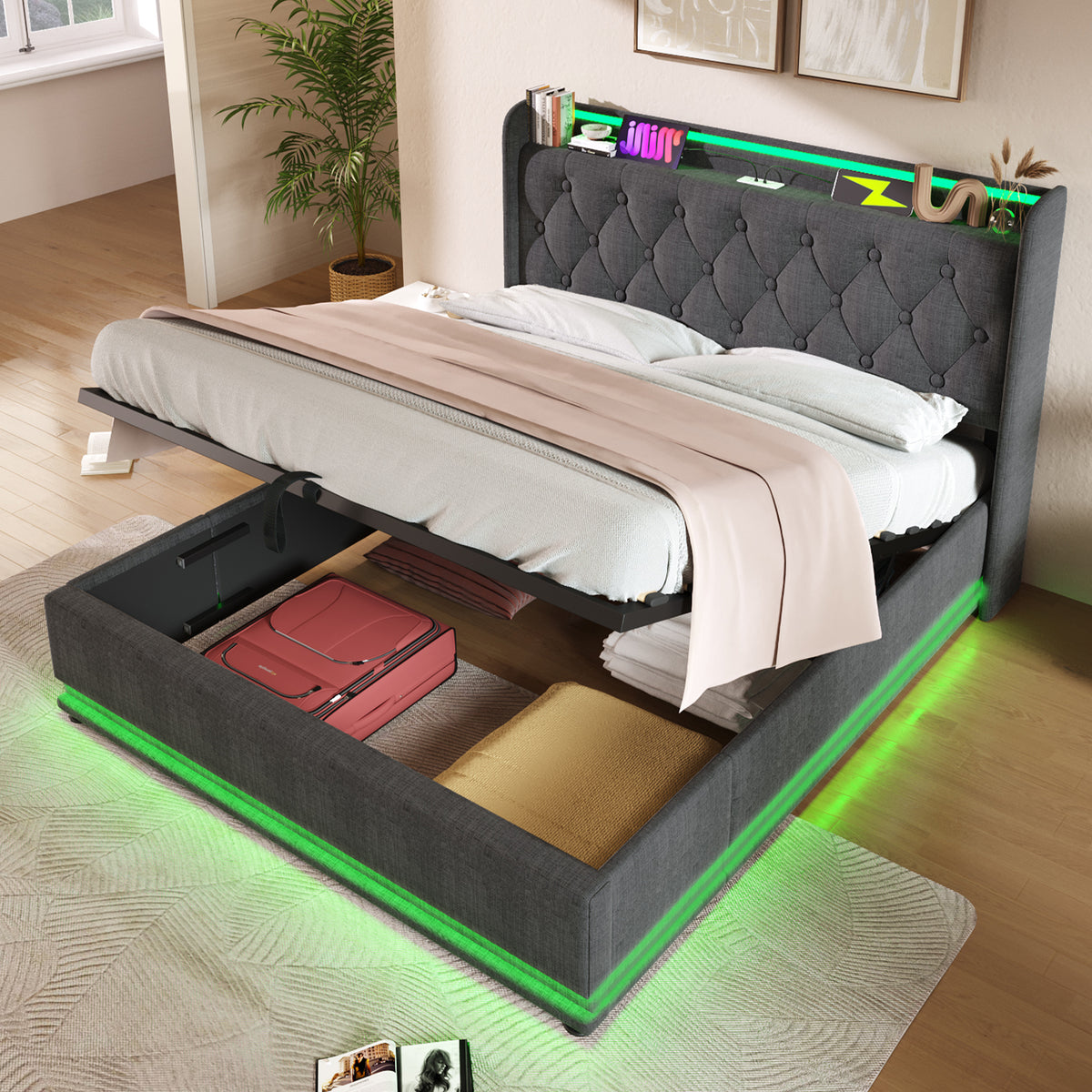 variant-group:rf-n736p188807g|Roomfitters Queen Size Upholstered Storage Bed with USB Type-C Charging and Remote Control, Linen Gray