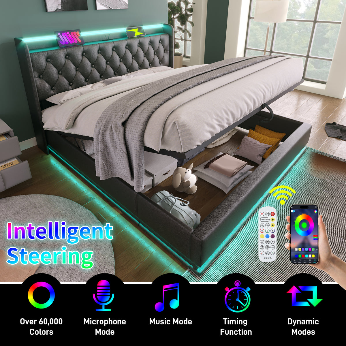 variant-group:rf-n736p188806b|Roomfitters Full Size Upholstered Storage Bed with USB Type-C Charging and Remote Control, Faux Leather Black